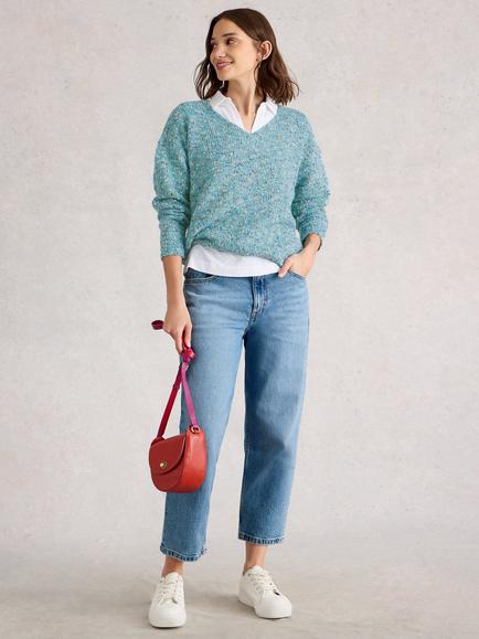 White Stuff Textured Yarn V-Neck Jumper, Mid Blue