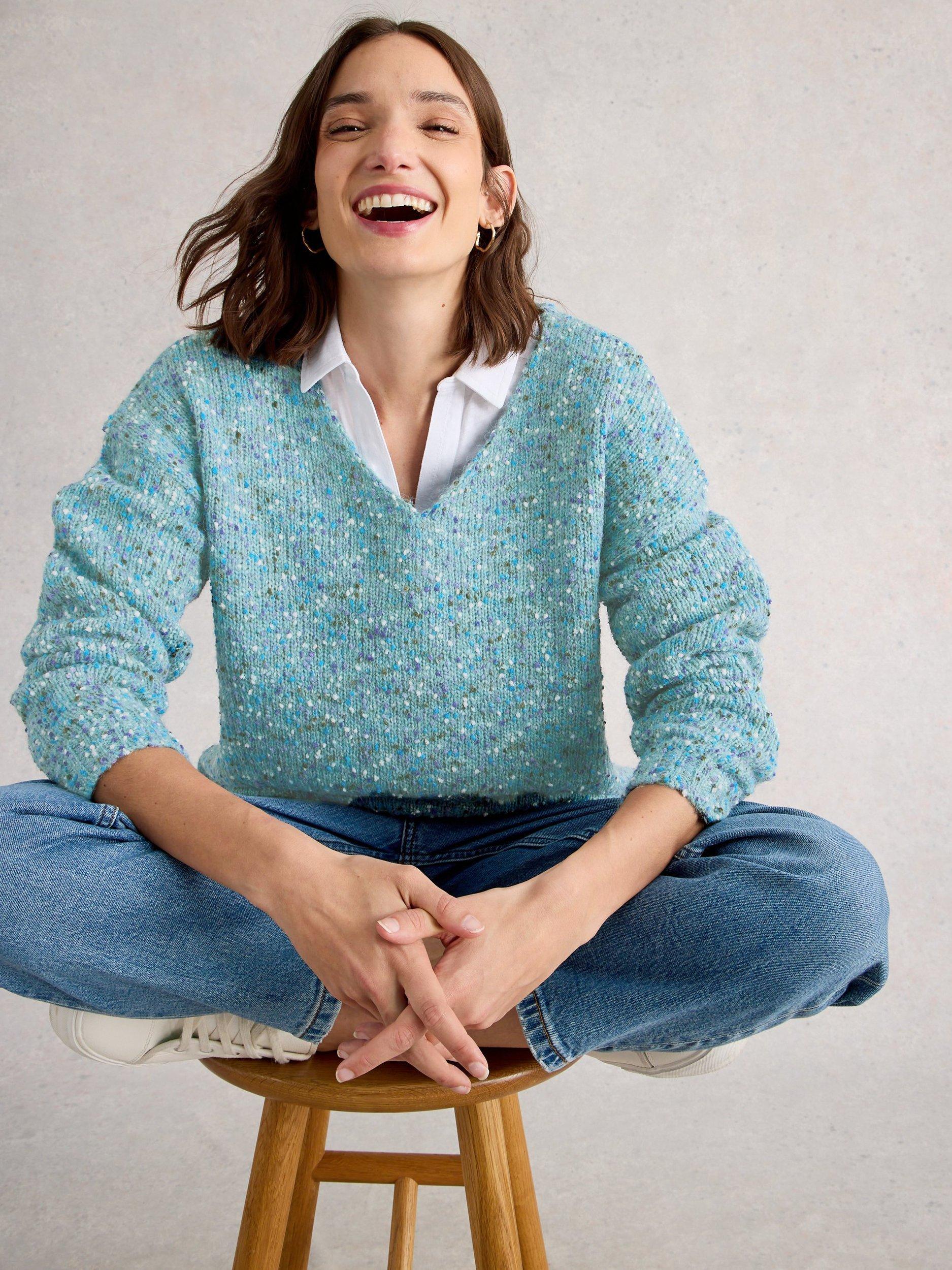 Product image 4 of 6, which shows White Stuff Textured Yarn V-Neck Jumper, Mid Blue, 6