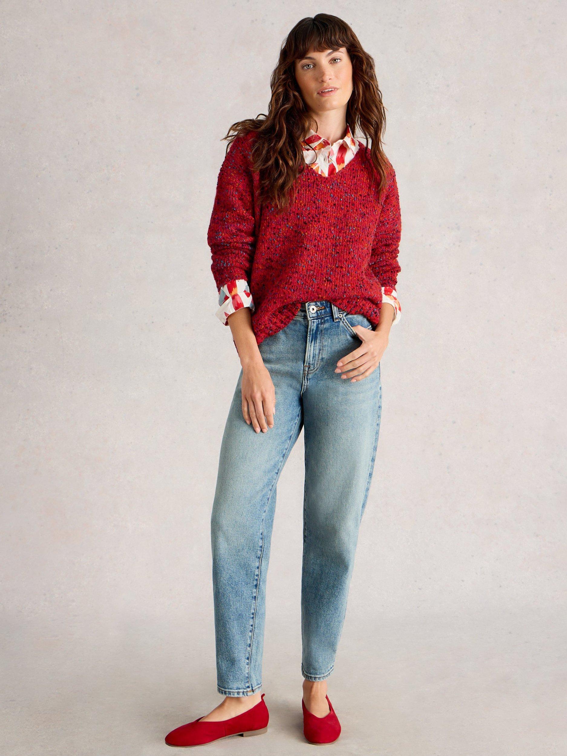 Product image 1 of 6, which shows White Stuff Textured Yarn V-Neck Jumper, Mid Red, 12