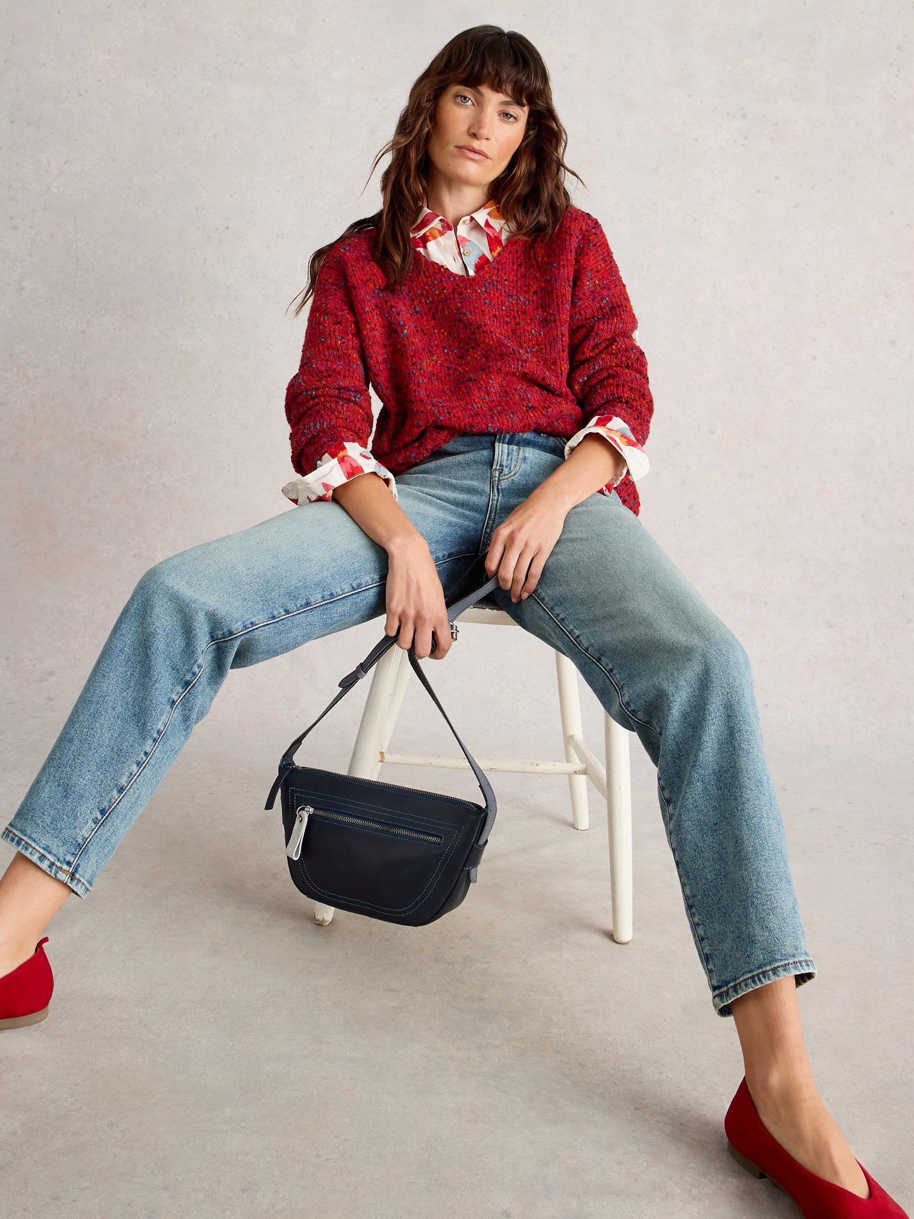 Product image 4 of 6, which shows White Stuff Textured Yarn V-Neck Jumper, Mid Red, 12