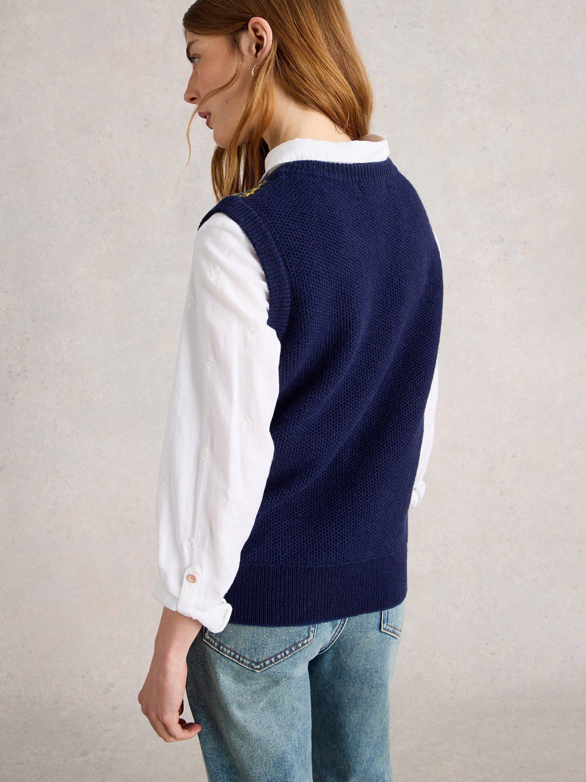 Product image 2 of 6, which shows White Stuff Lottie Lambswool Blend Fair isle Tank Jumper, Navy/Multi, S