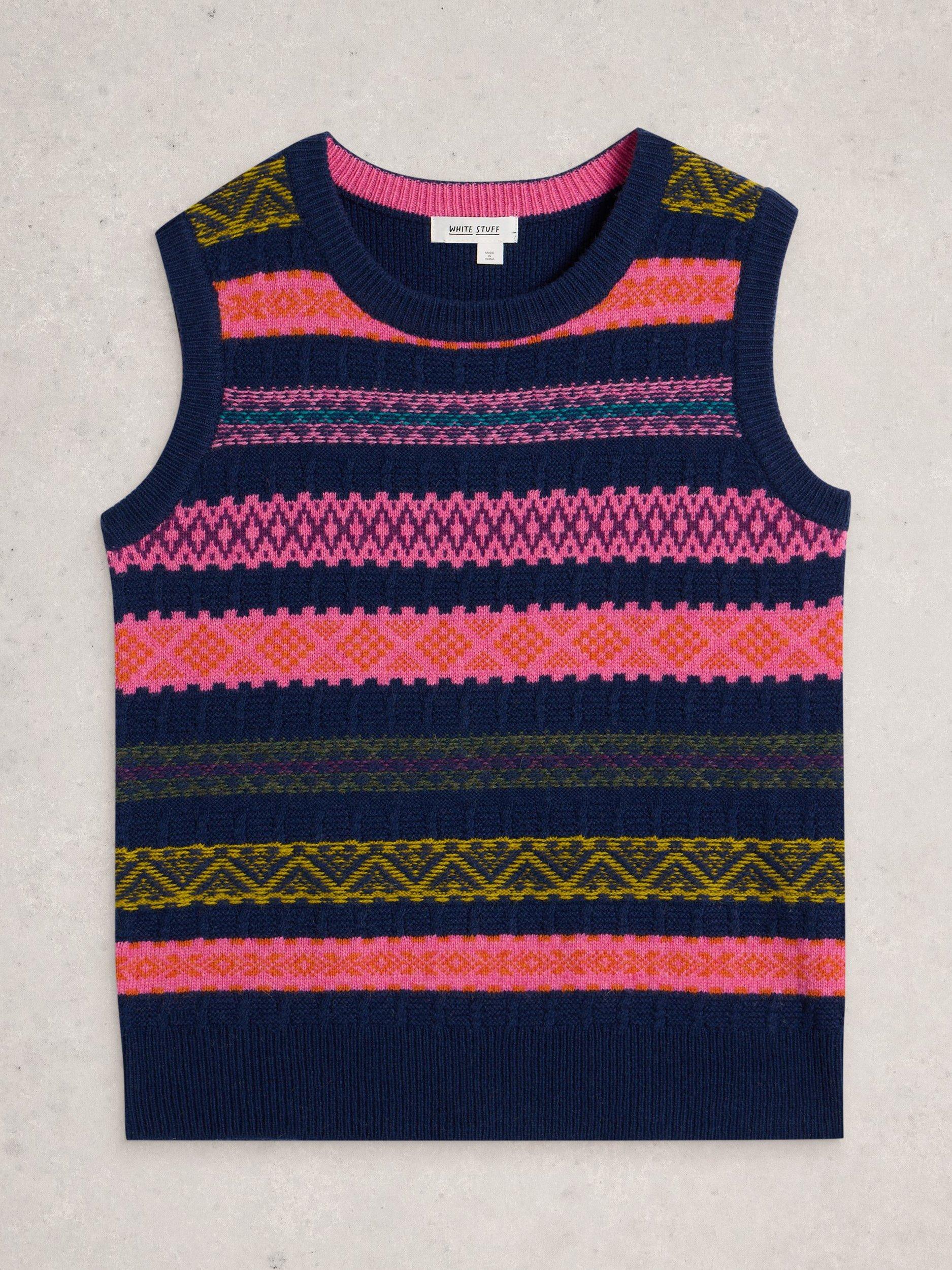 Product image 5 of 6, which shows White Stuff Lottie Lambswool Blend Fair isle Tank Jumper, Navy/Multi, S