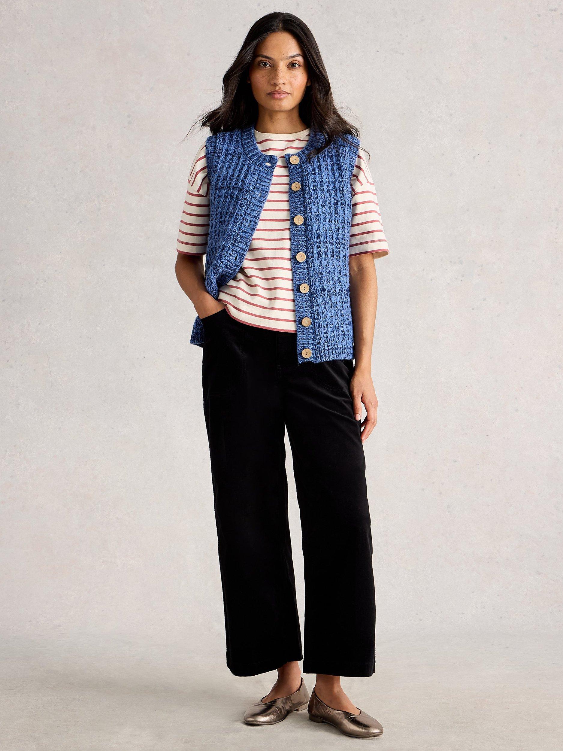 Product image 1 of 6, which shows White Stuff Maxine Textured Stitch Waistcoat, Mid Blue, S