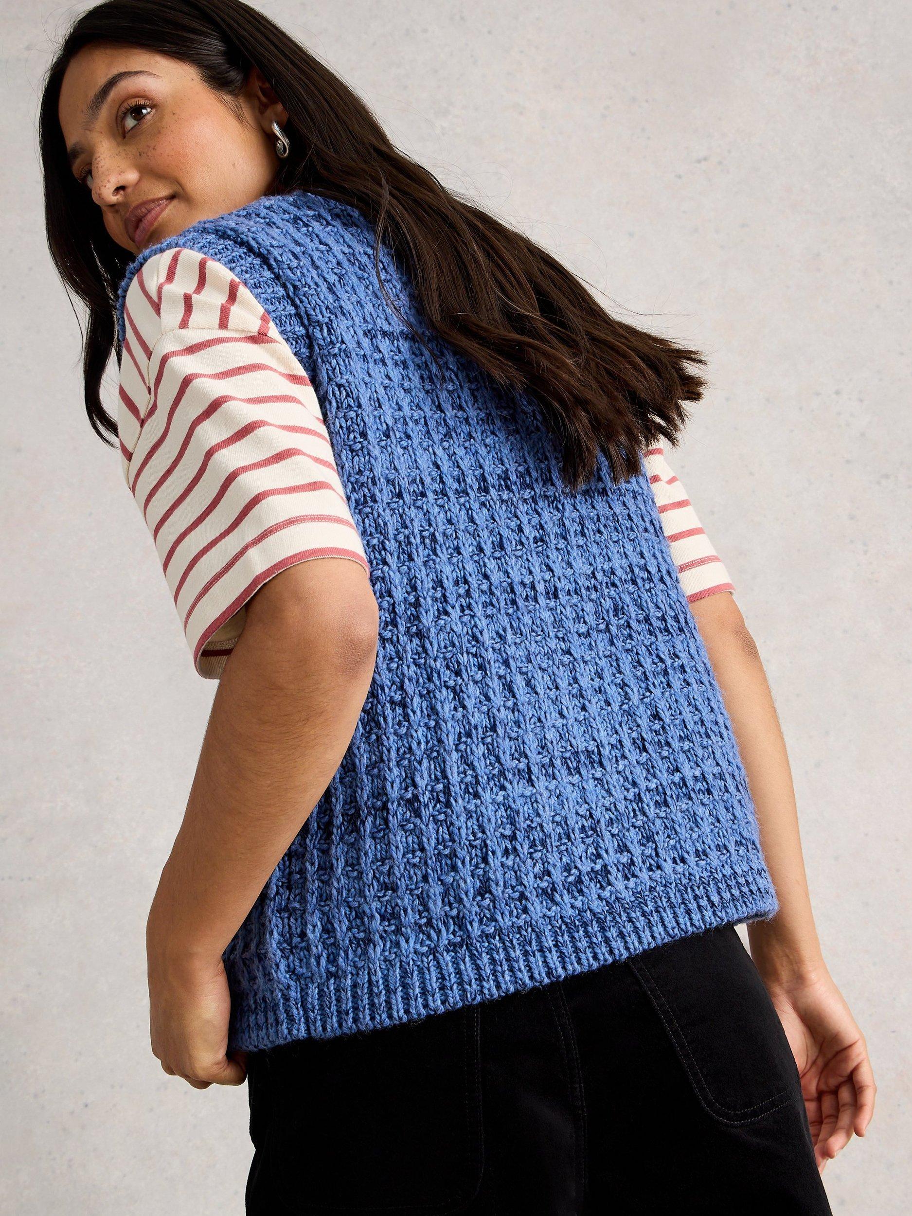 Product image 2 of 6, which shows White Stuff Maxine Textured Stitch Waistcoat, Mid Blue, S