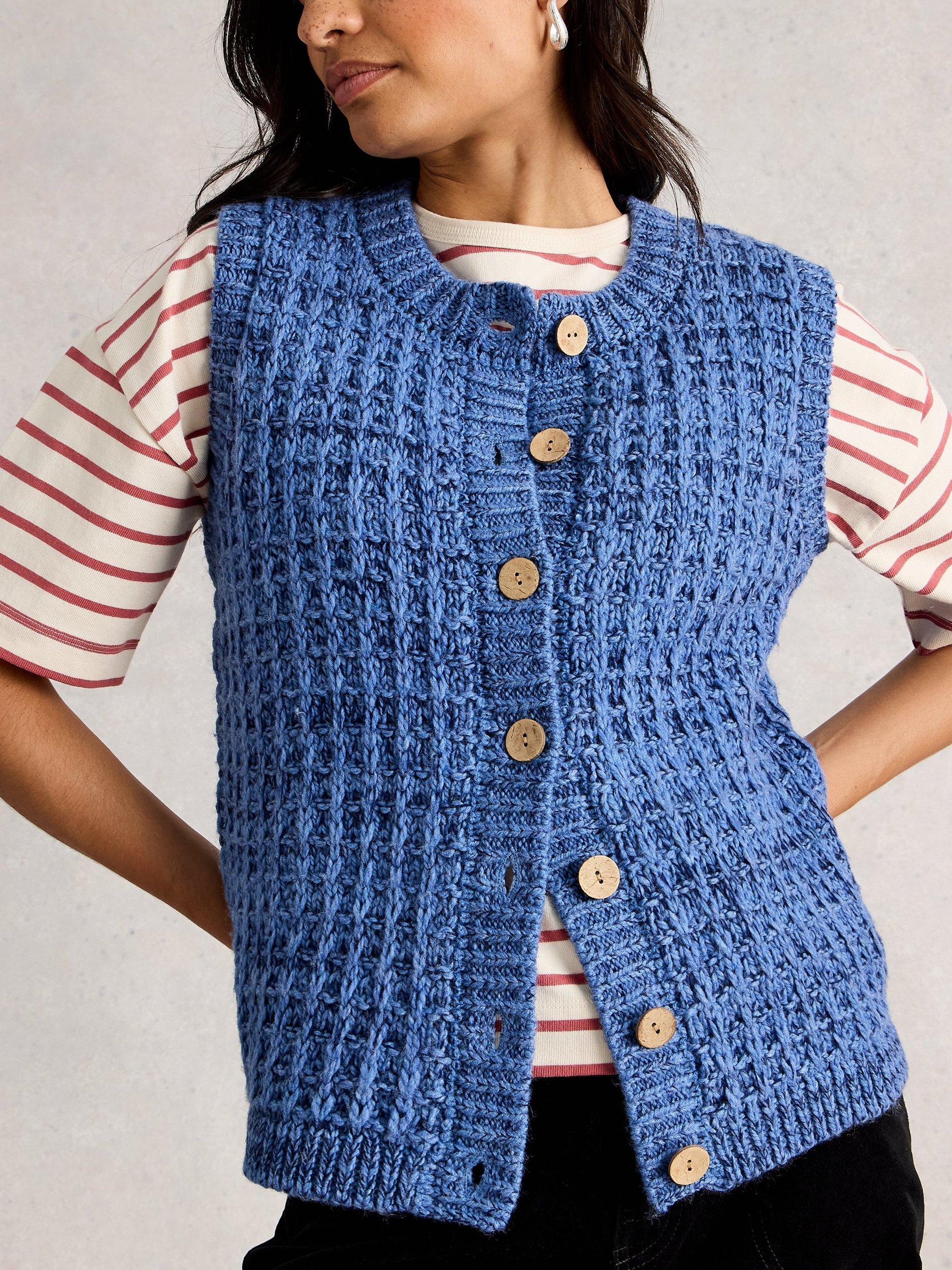 Product image 3 of 6, which shows White Stuff Maxine Textured Stitch Waistcoat, Mid Blue, S