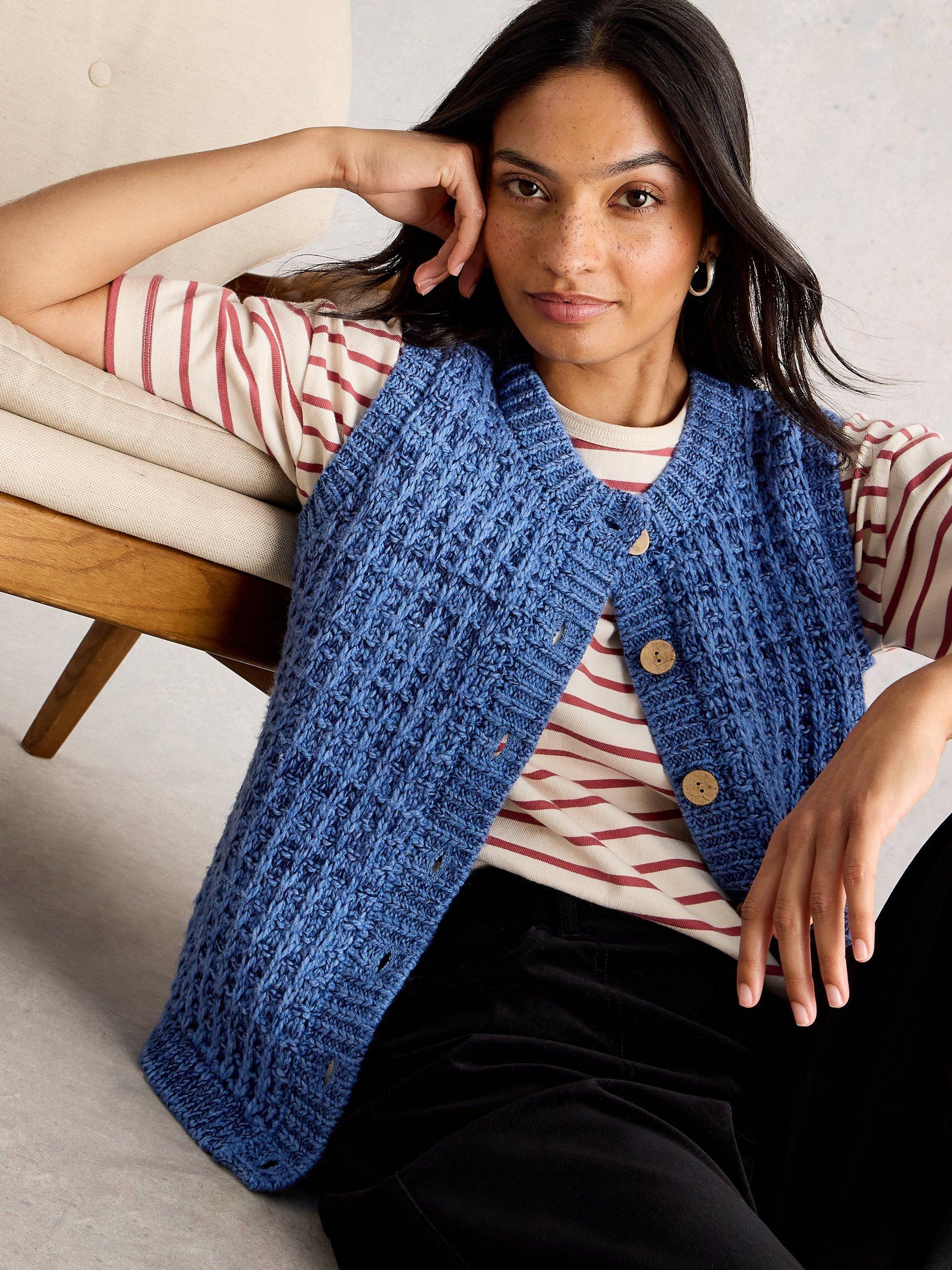 Product image 4 of 6, which shows White Stuff Maxine Textured Stitch Waistcoat, Mid Blue, S