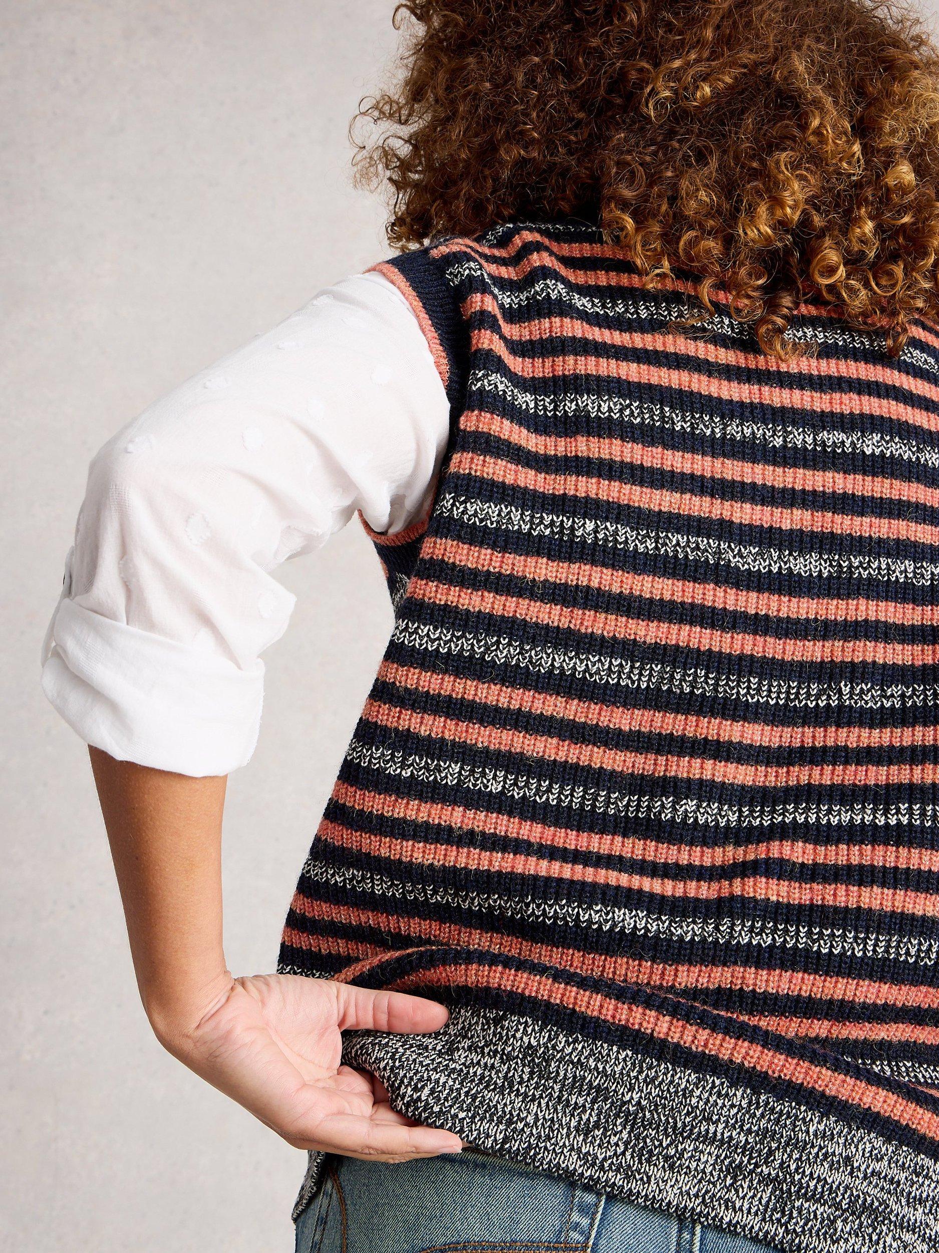Product image 2 of 6, which shows White Stuff Meg Striped V-Neck Wool Blend Tank Top, Navy/Multi, S