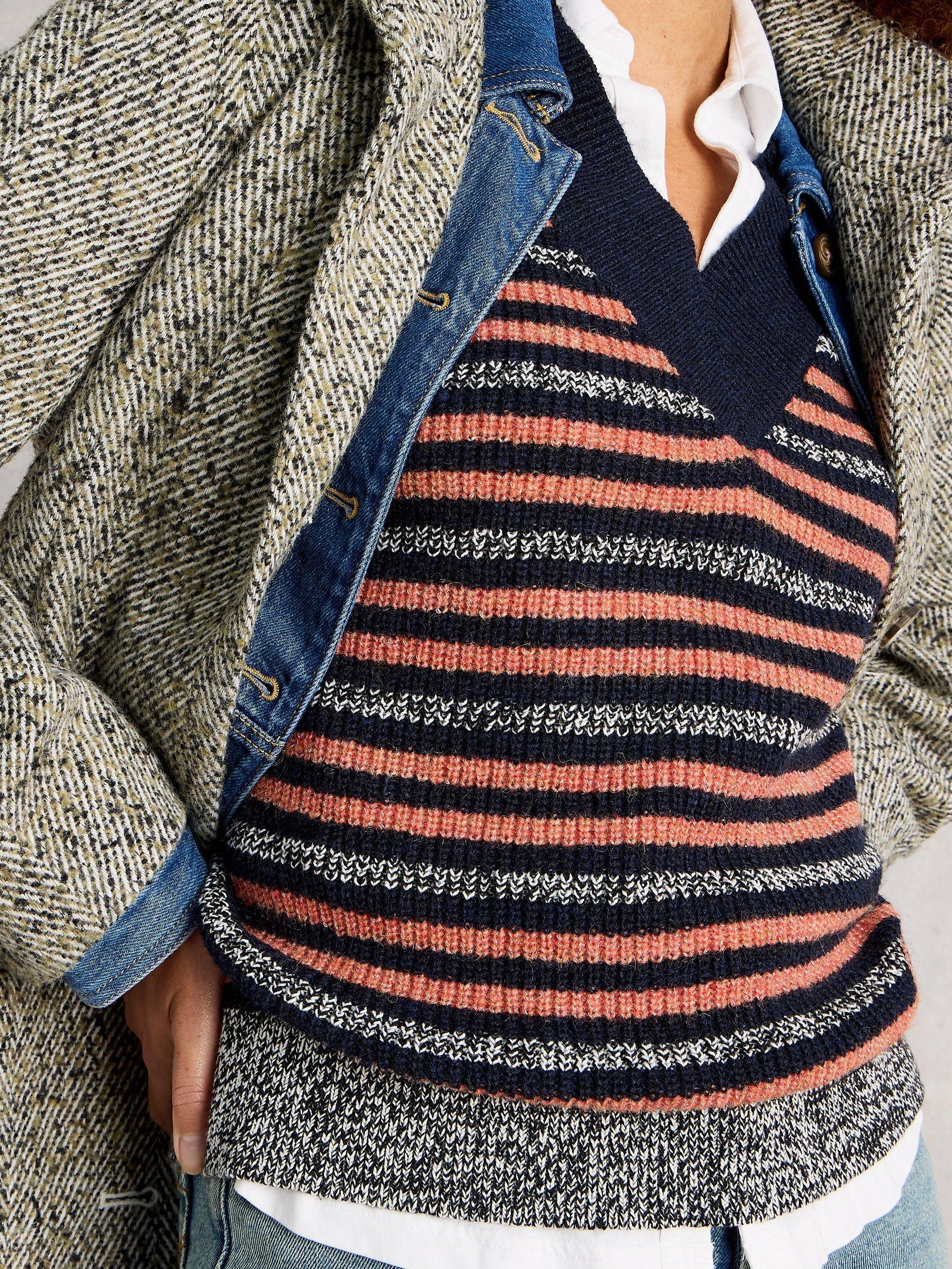 Product image 3 of 6, which shows White Stuff Meg Striped V-Neck Wool Blend Tank Top, Navy/Multi, S