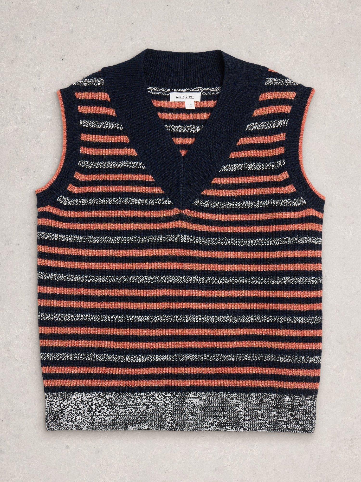 Product image 5 of 6, which shows White Stuff Meg Striped V-Neck Wool Blend Tank Top, Navy/Multi, S