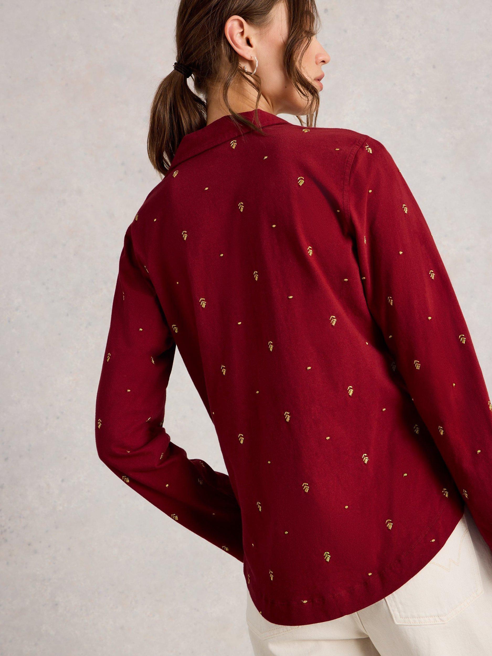 Product image 2 of 6, which shows White Stuff Annie Embroidered Jersey Shirt, Deep Red, 12