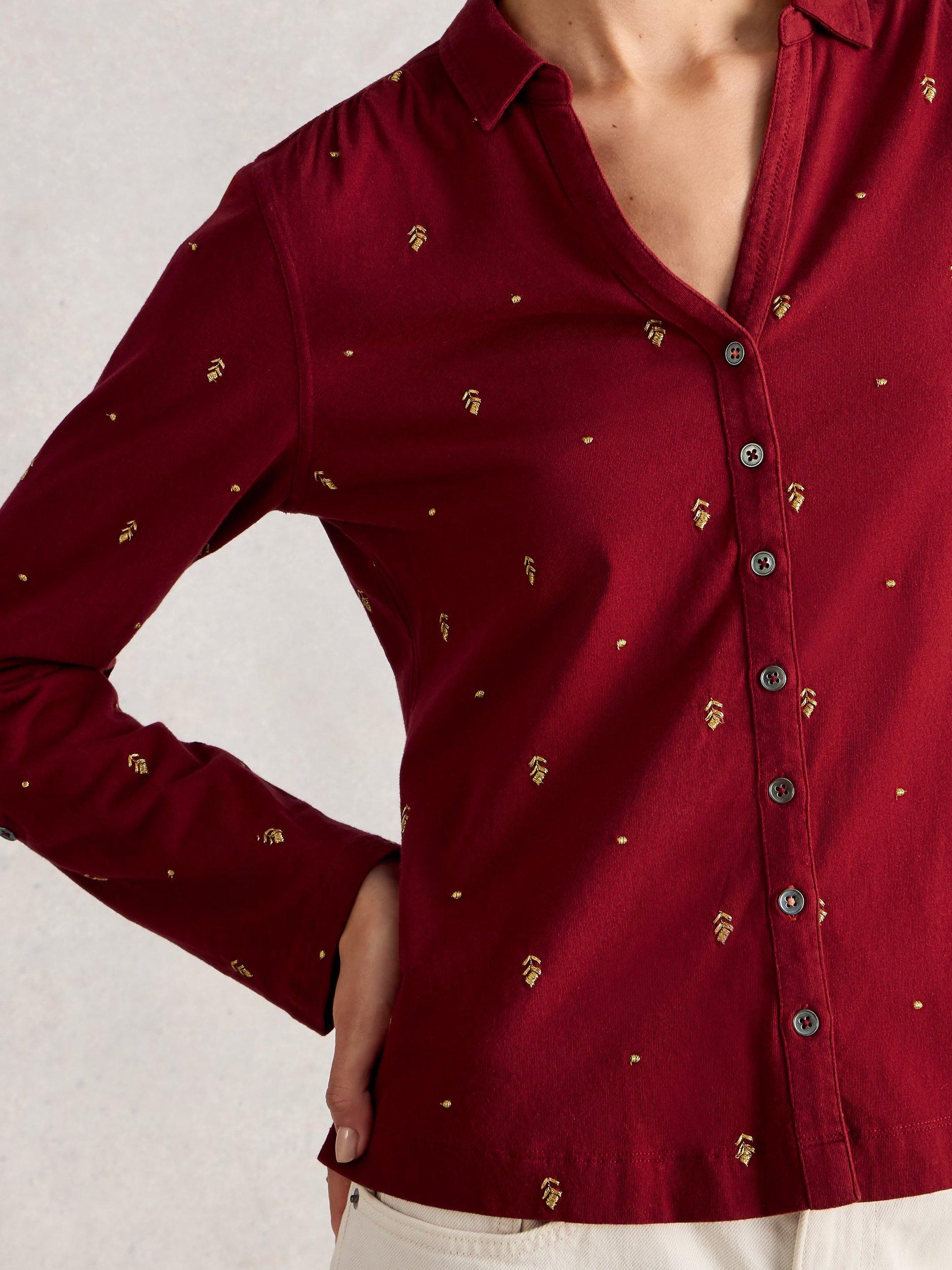 Product image 3 of 6, which shows White Stuff Annie Embroidered Jersey Shirt, Deep Red, 12