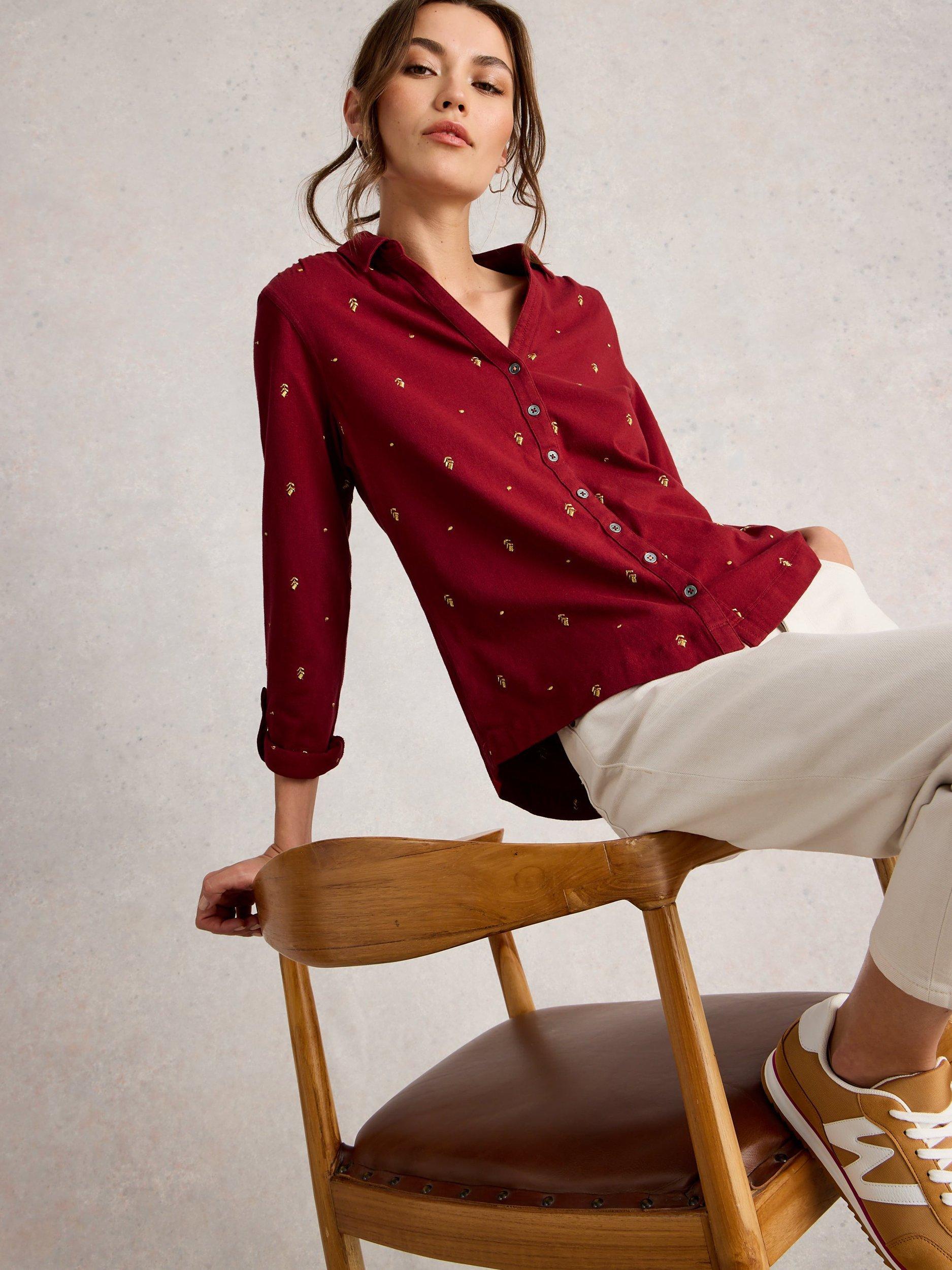 Product image 4 of 6, which shows White Stuff Annie Embroidered Jersey Shirt, Deep Red, 12