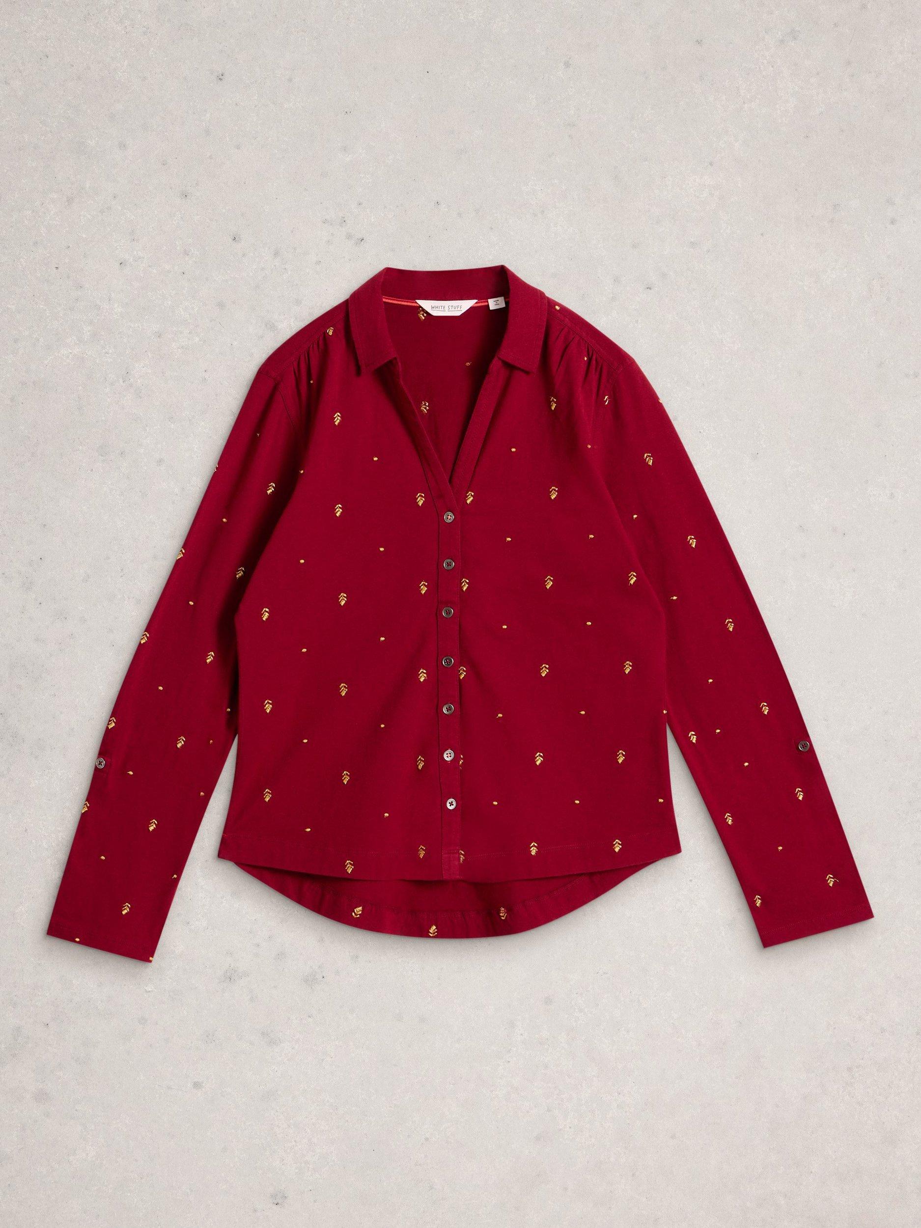 Product image 5 of 6, which shows White Stuff Annie Embroidered Jersey Shirt, Deep Red, 12