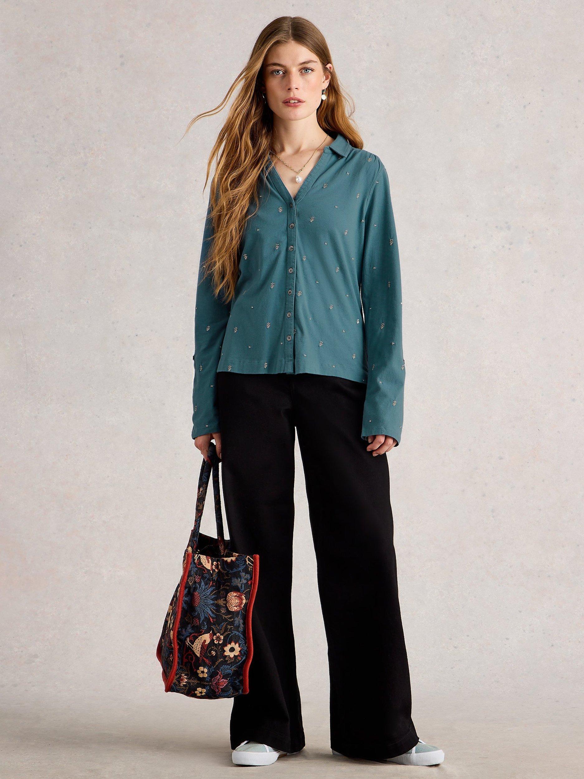 Product image 1 of 6, which shows White Stuff Annie Embroidered Jersey Shirt, Mid Blue, 12