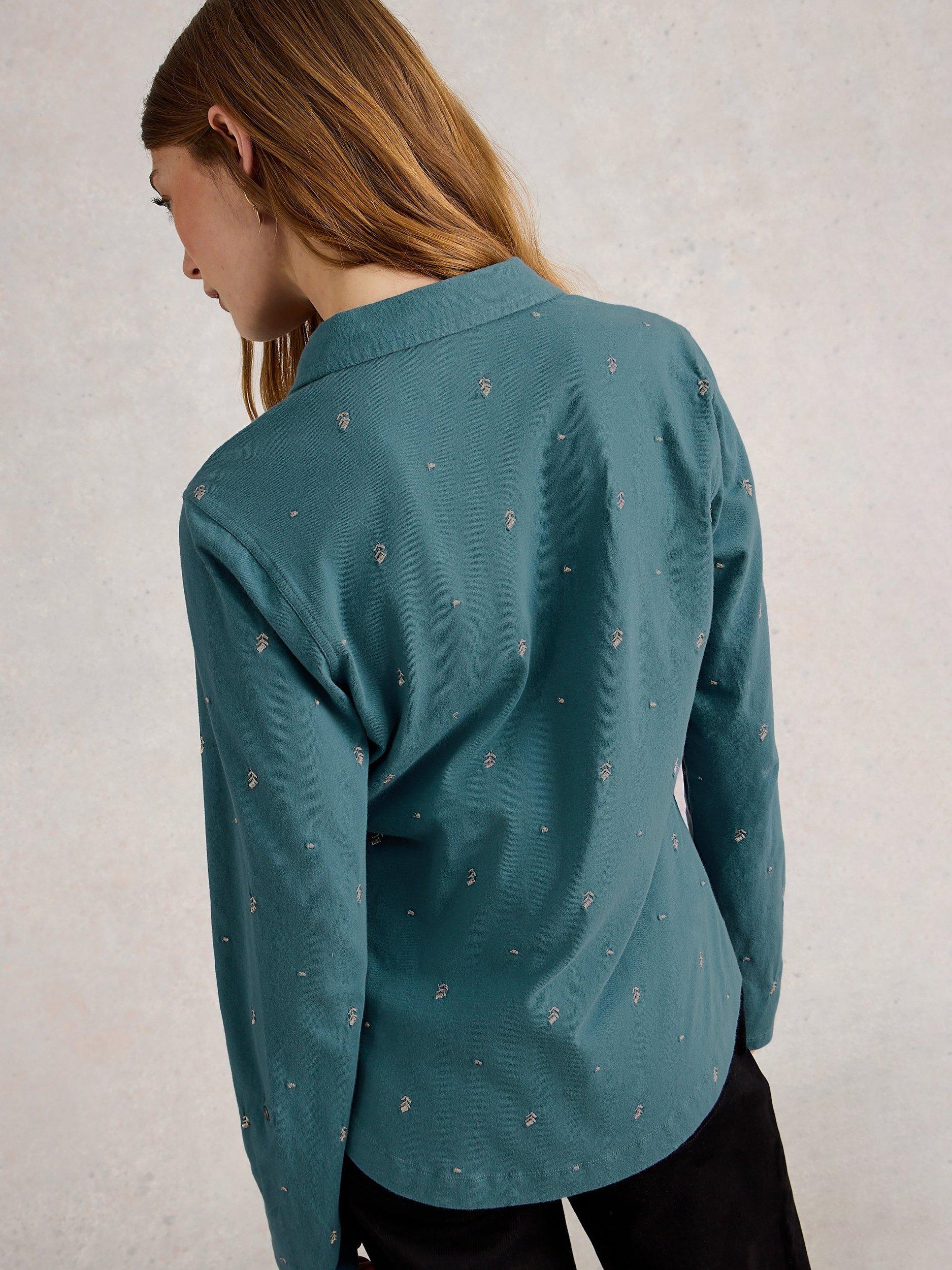 Product image 2 of 6, which shows White Stuff Annie Embroidered Jersey Shirt, Mid Blue, 12