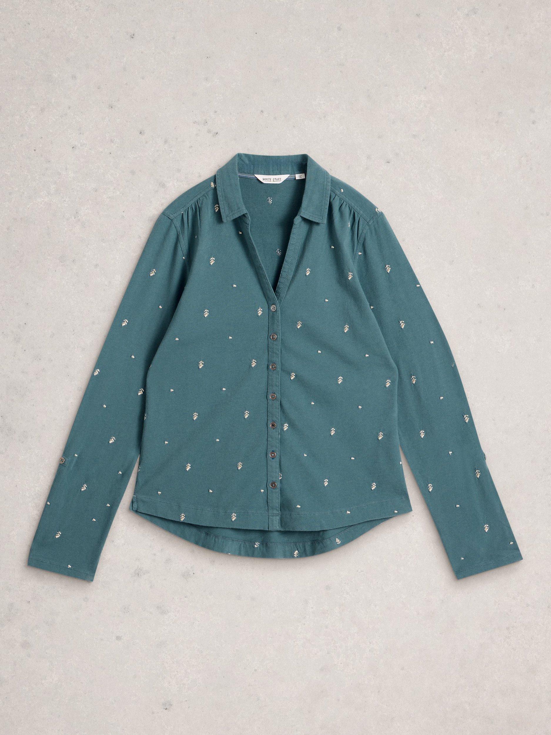 Product image 5 of 6, which shows White Stuff Annie Embroidered Jersey Shirt, Mid Blue, 12