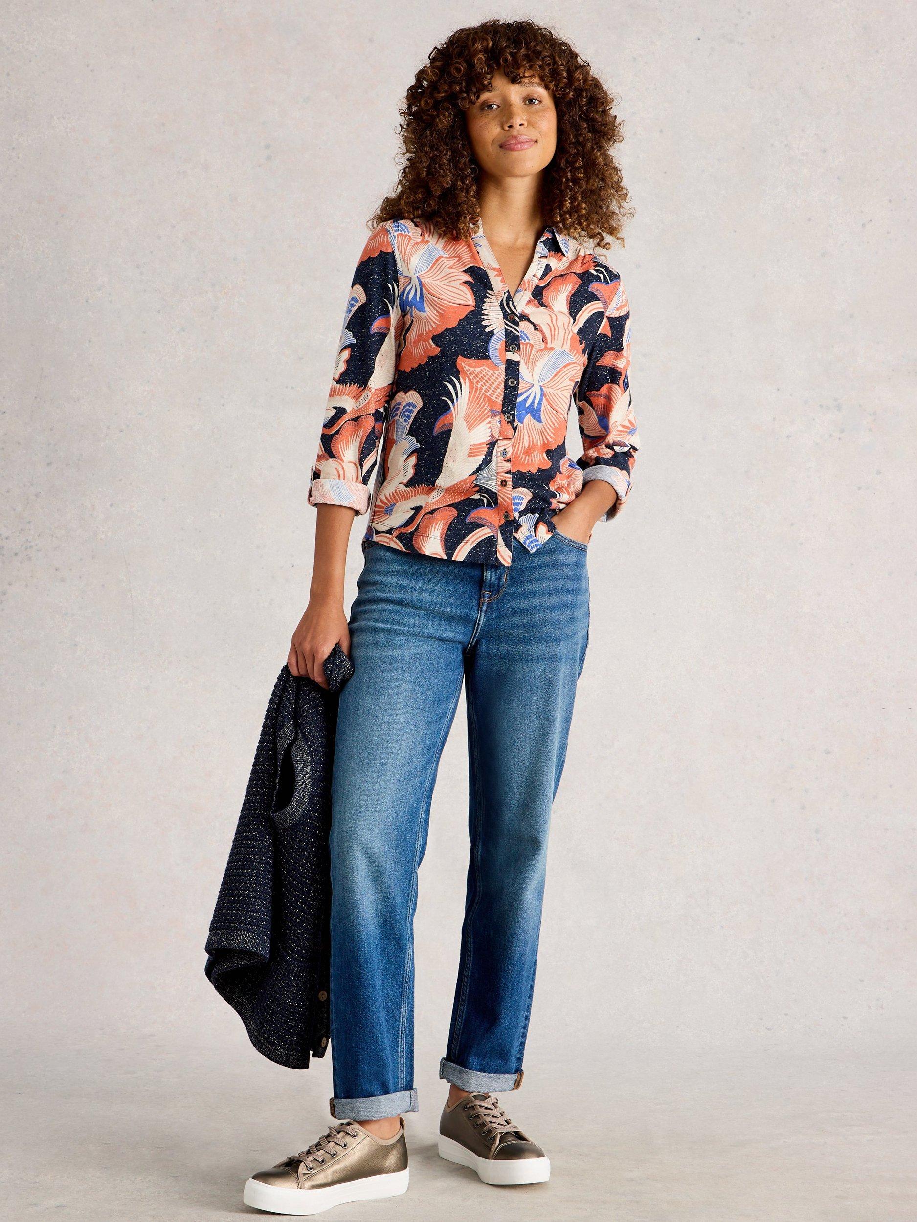 Product image 1 of 6, which shows White Stuff Annie Abstract Floral Sparkle Shirt, Navy/Multi, 8