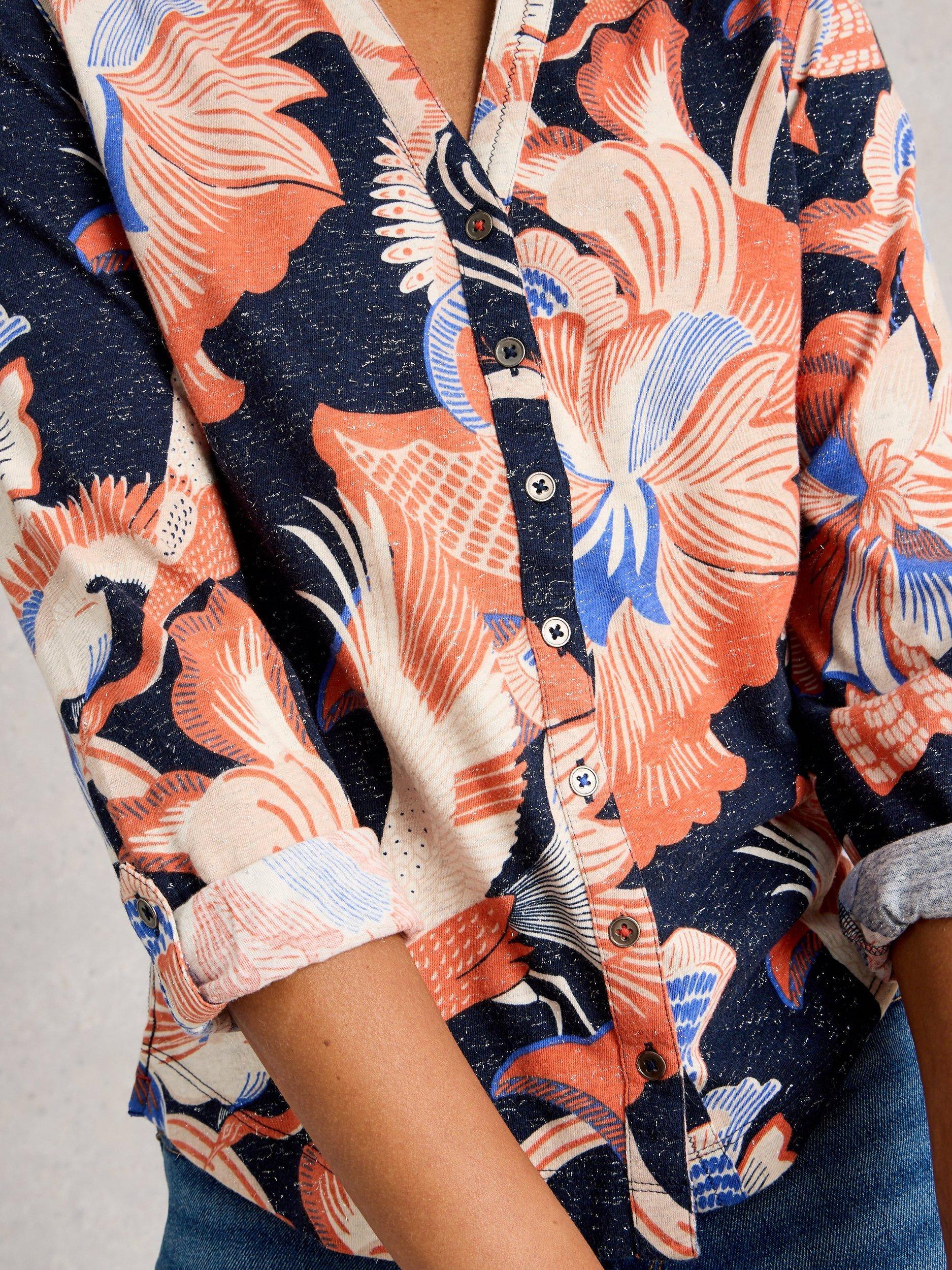 Product image 3 of 6, which shows White Stuff Annie Abstract Floral Sparkle Shirt, Navy/Multi, 8