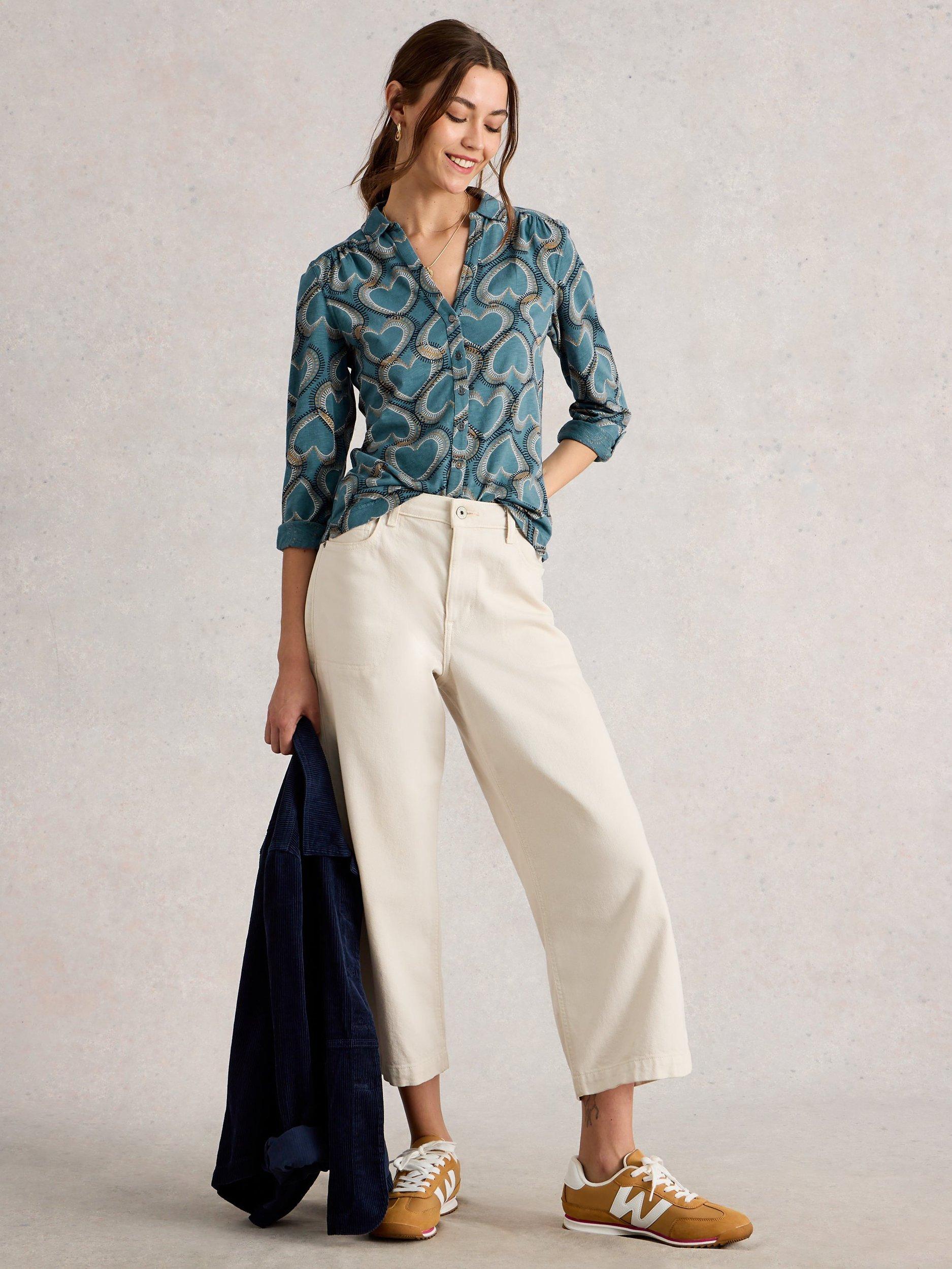 Product image 1 of 6, which shows White Stuff Annie Heart Print Jersey Shirt, Blue/Multi, 8