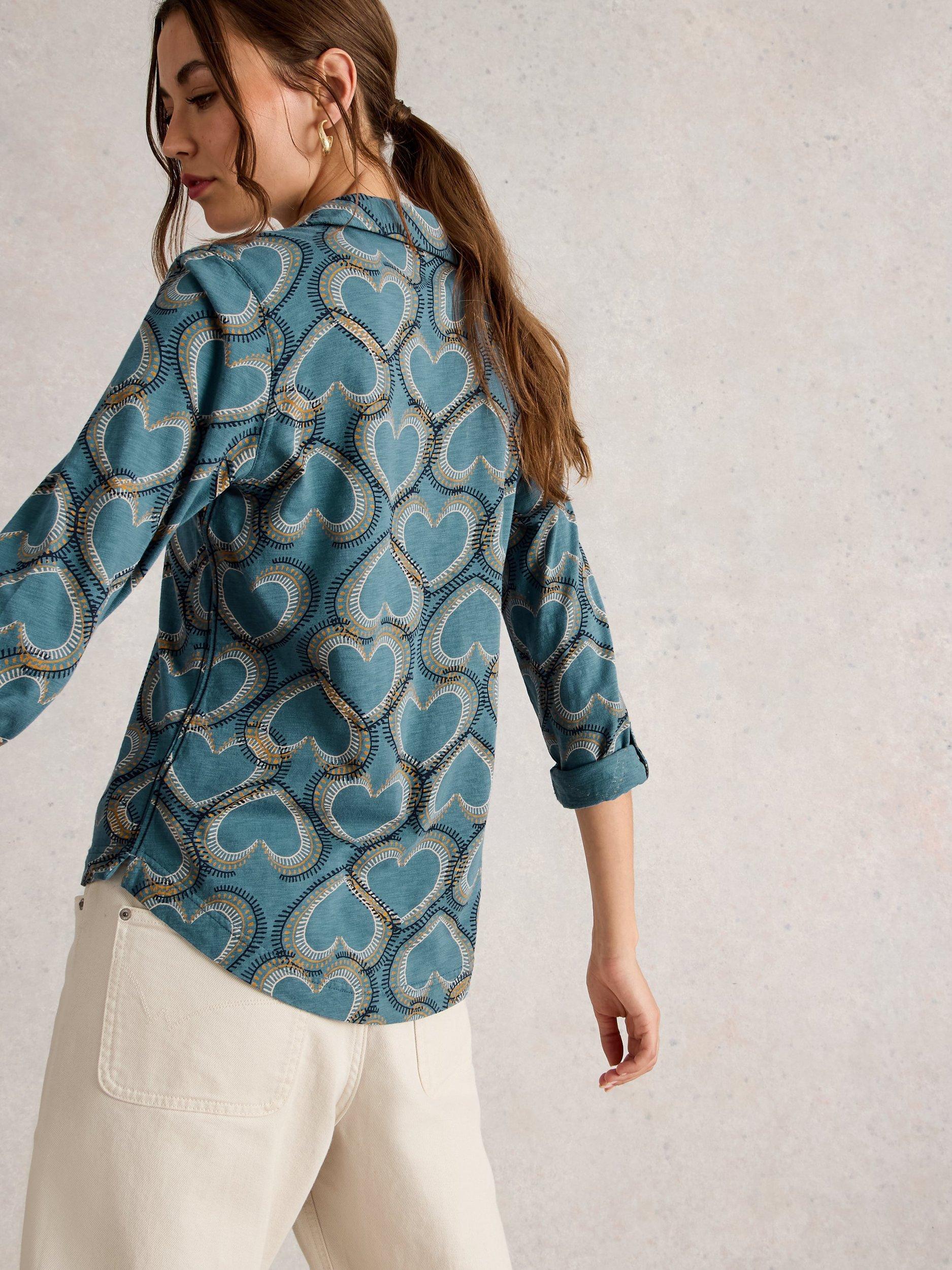 Product image 2 of 6, which shows White Stuff Annie Heart Print Jersey Shirt, Blue/Multi, 8