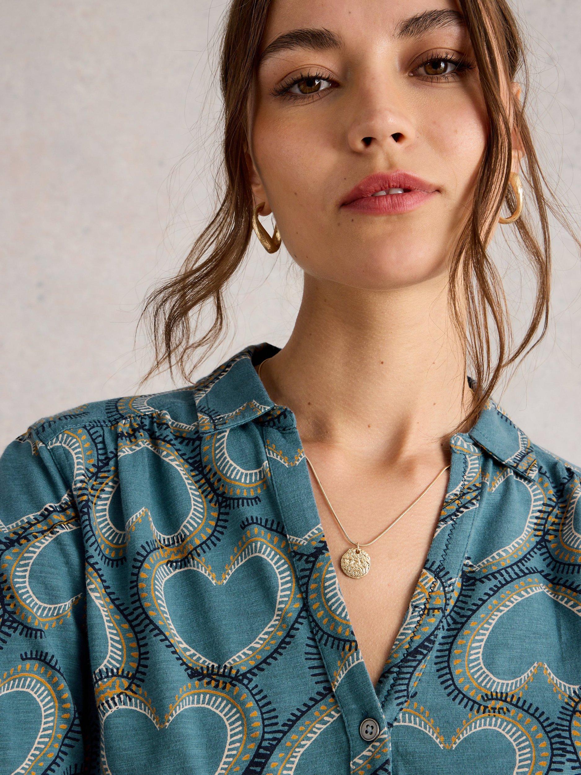 Product image 4 of 6, which shows White Stuff Annie Heart Print Jersey Shirt, Blue/Multi, 8