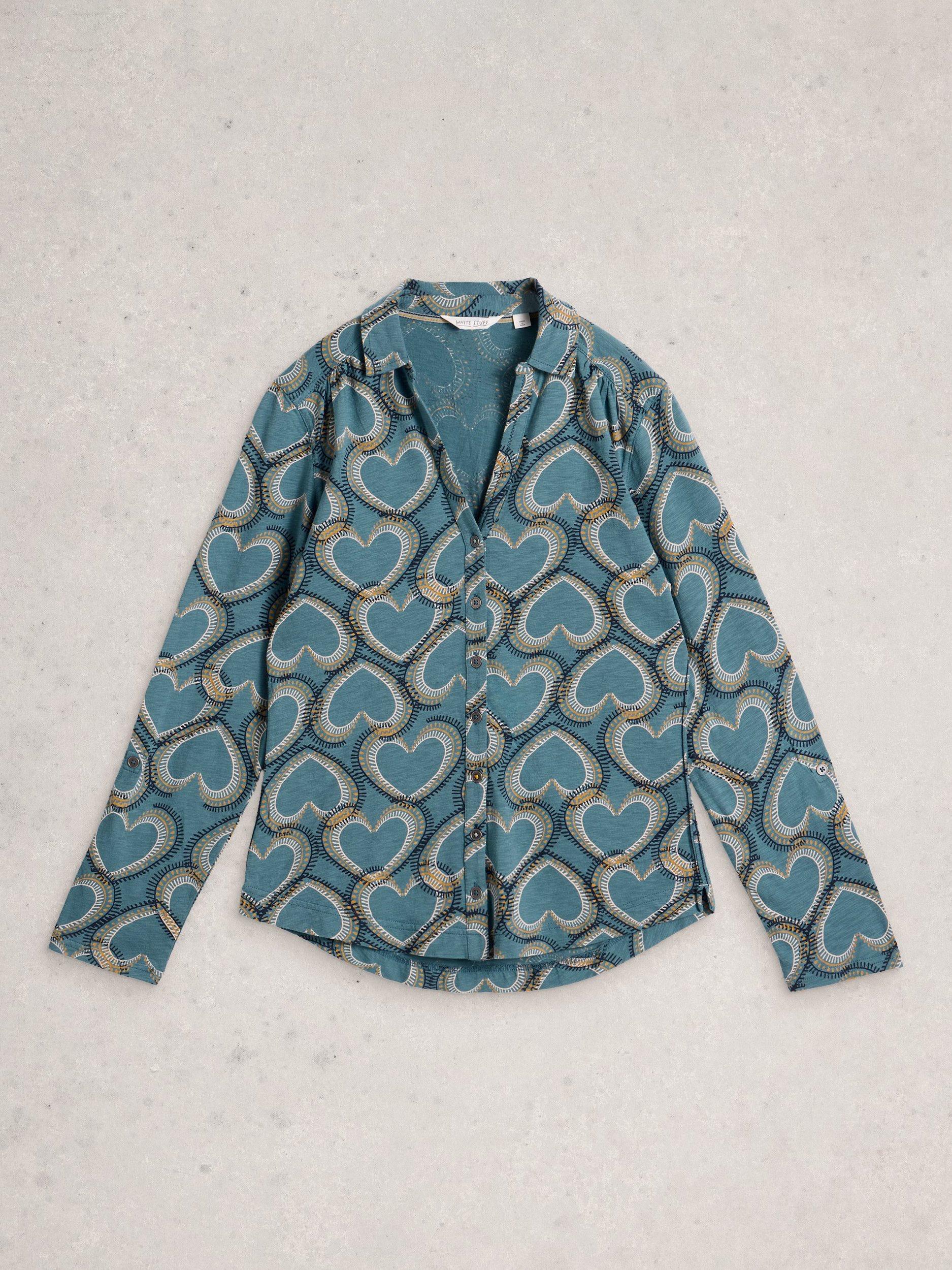 Product image 5 of 6, which shows White Stuff Annie Heart Print Jersey Shirt, Blue/Multi, 8