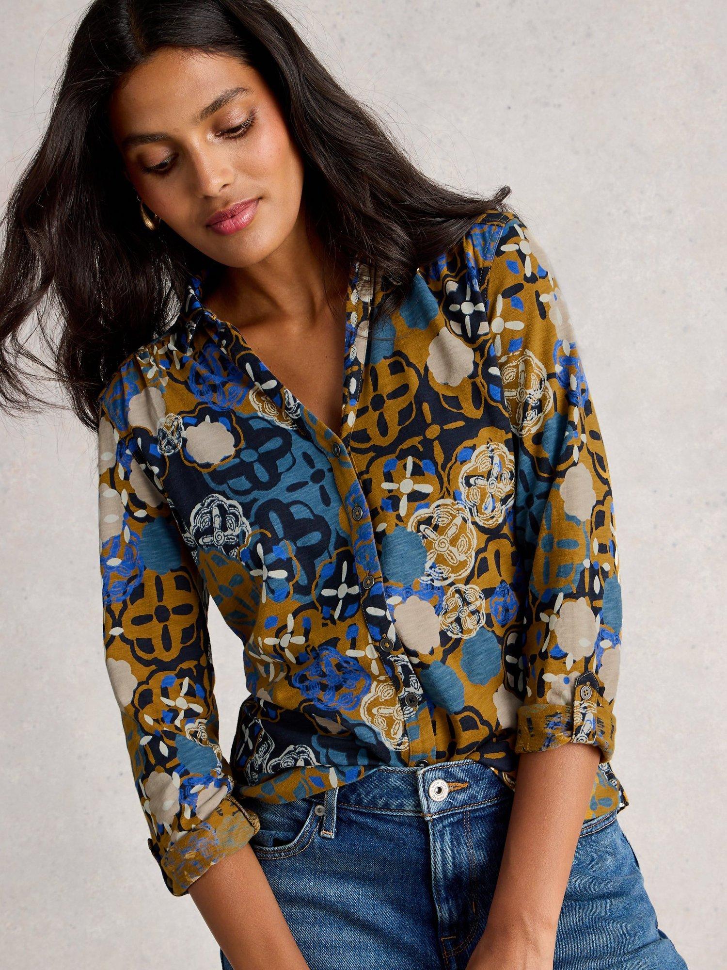 Product image 1 of 6, which shows White Stuff Annie Abstract Floral Jersey Shirt, Chart Multi, 8