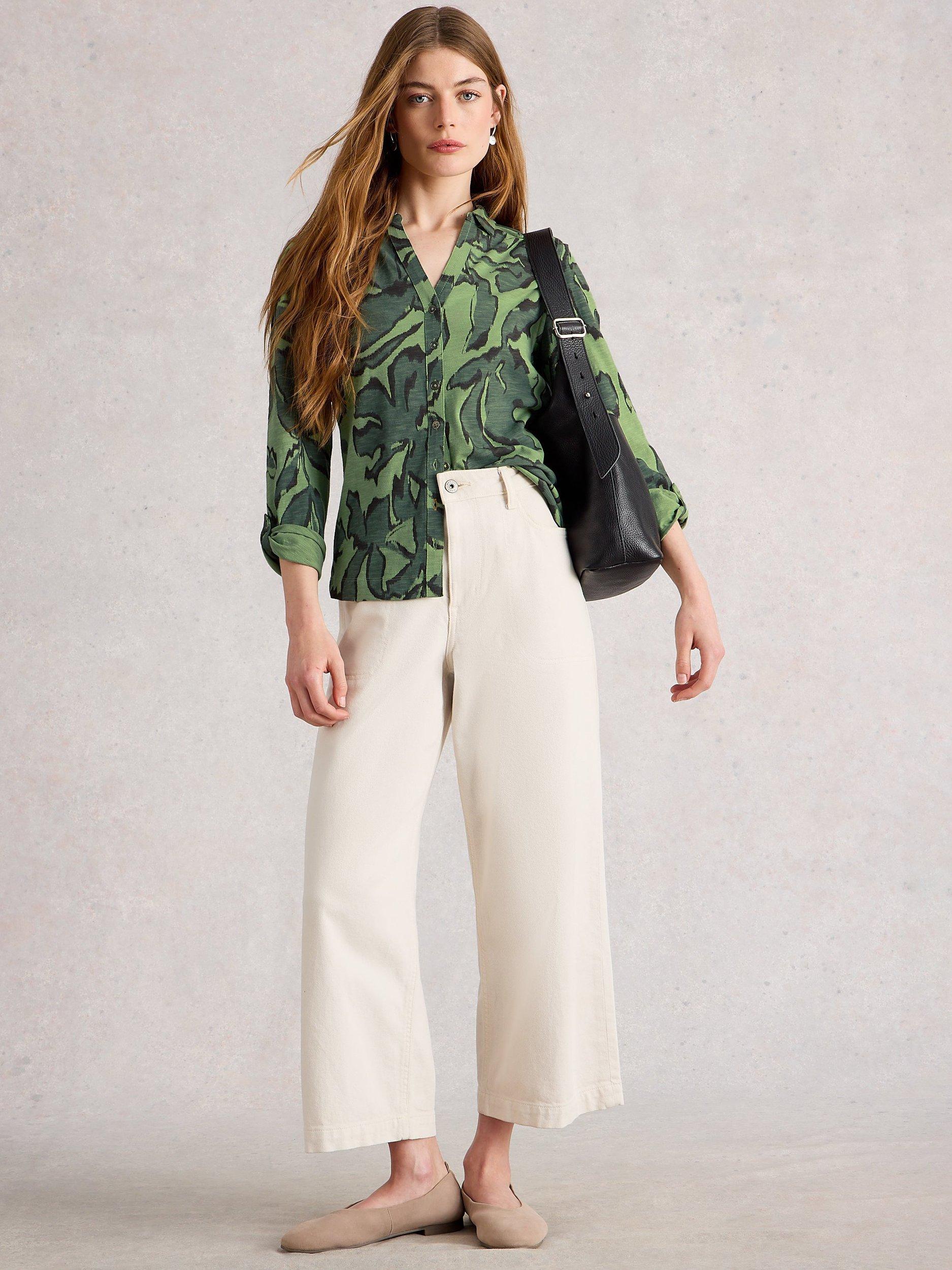 Product image 1 of 6, which shows White Stuff Annie Leaves Jersey Shirt, Green/Multi, 12