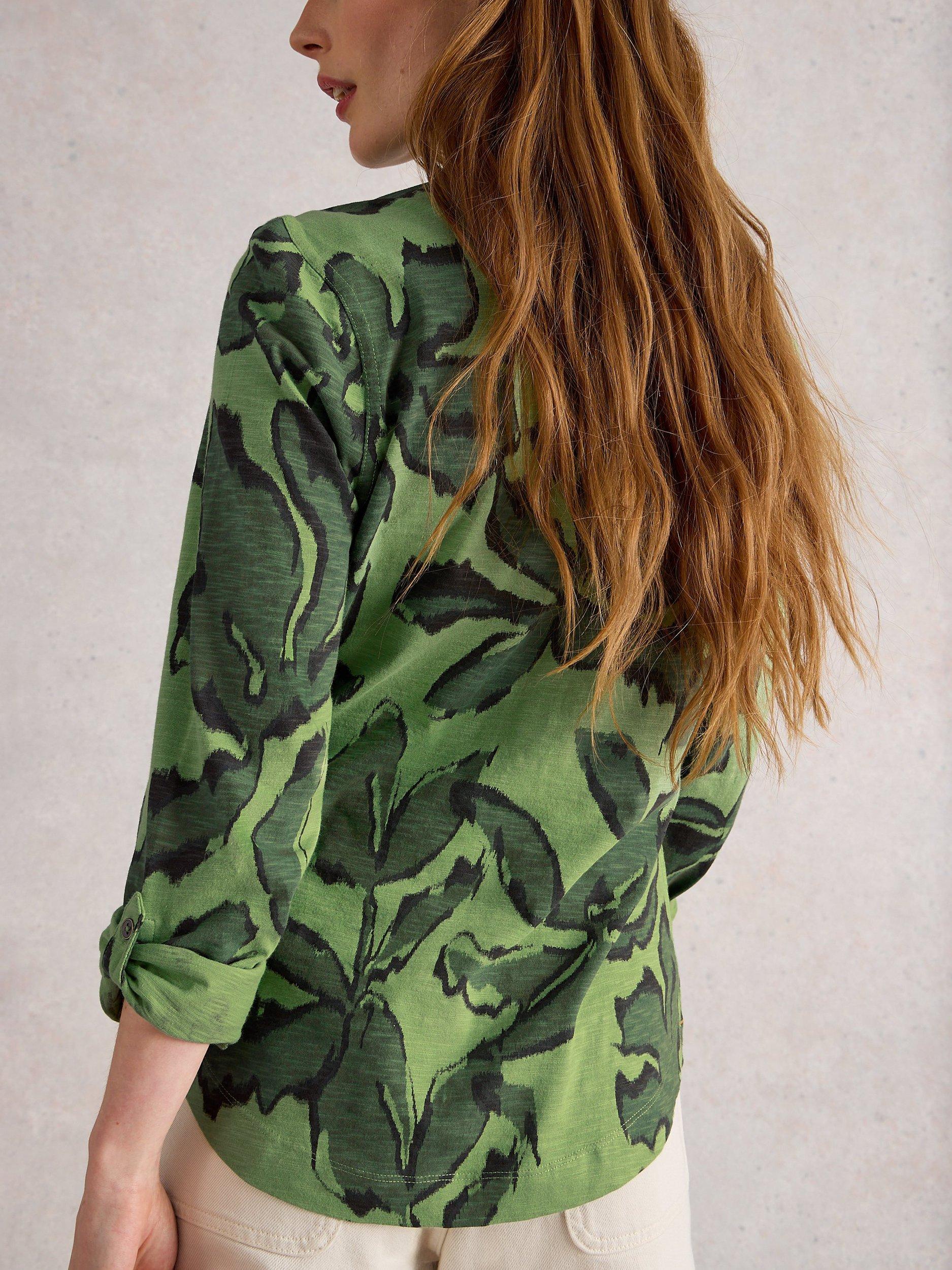 Product image 2 of 6, which shows White Stuff Annie Leaves Jersey Shirt, Green/Multi, 12