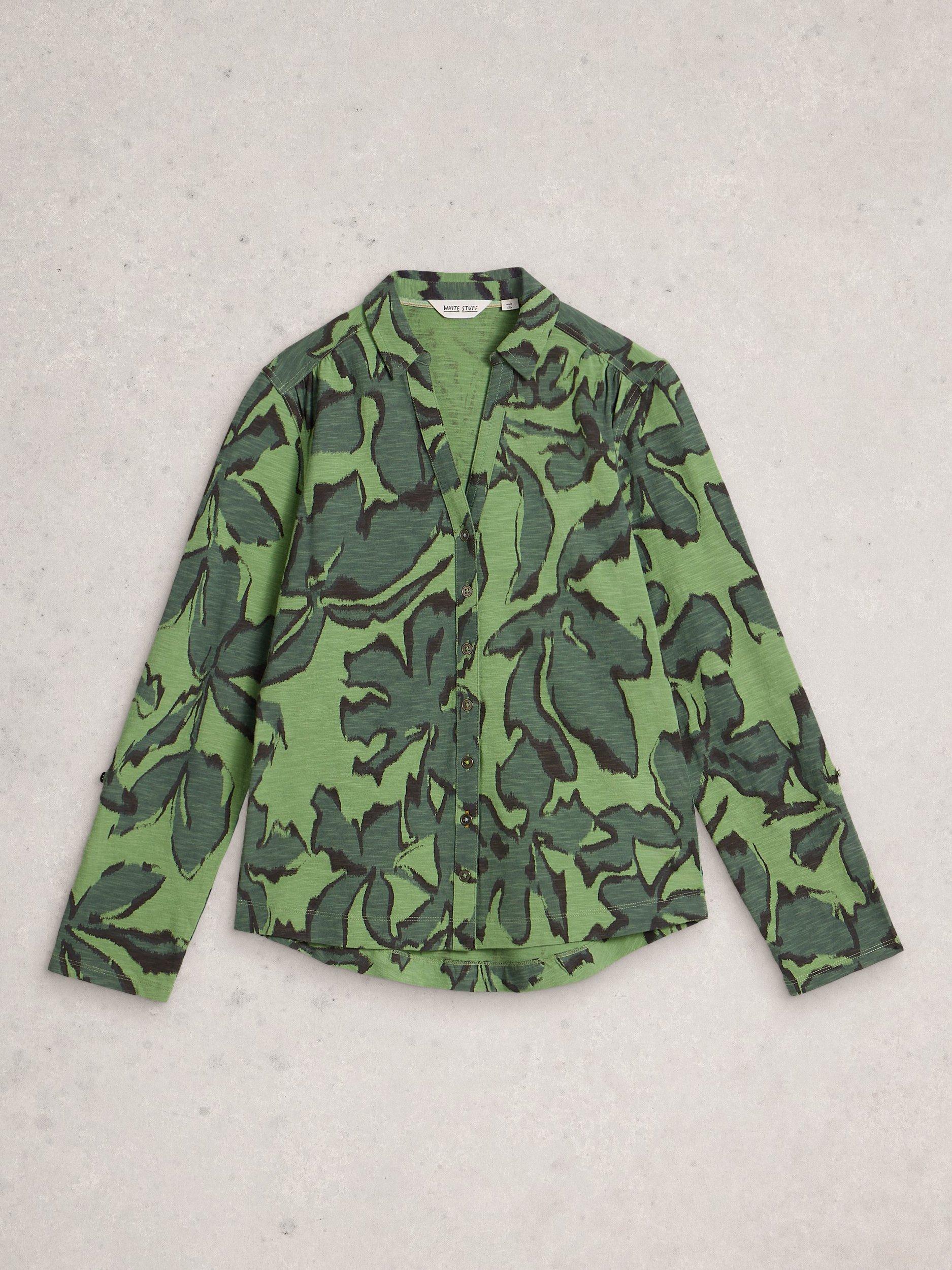 Product image 5 of 6, which shows White Stuff Annie Leaves Jersey Shirt, Green/Multi, 12