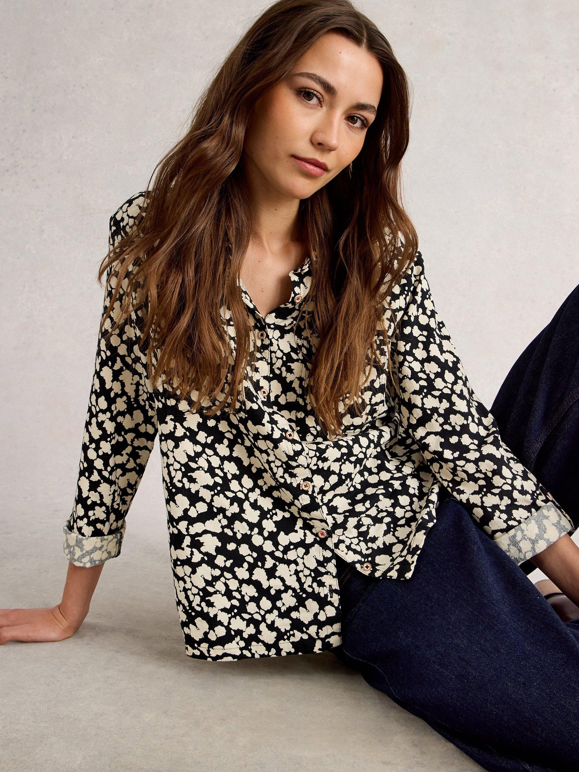 Product image 4 of 6, which shows White Stuff Sophie Cotton Blend Spot Long Sleeve Collar Blouse, Black/Multi, 6