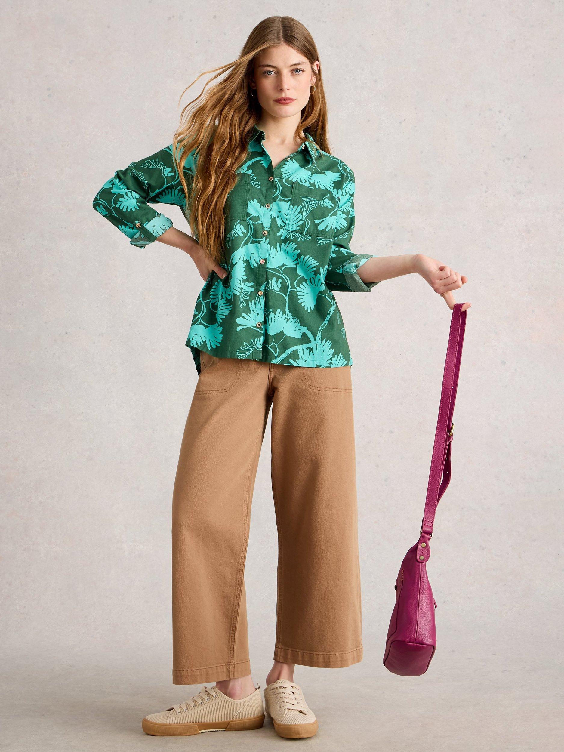 Product image 1 of 6, which shows White Stuff Sophie Leaves Jersey Shirt, Green, 8