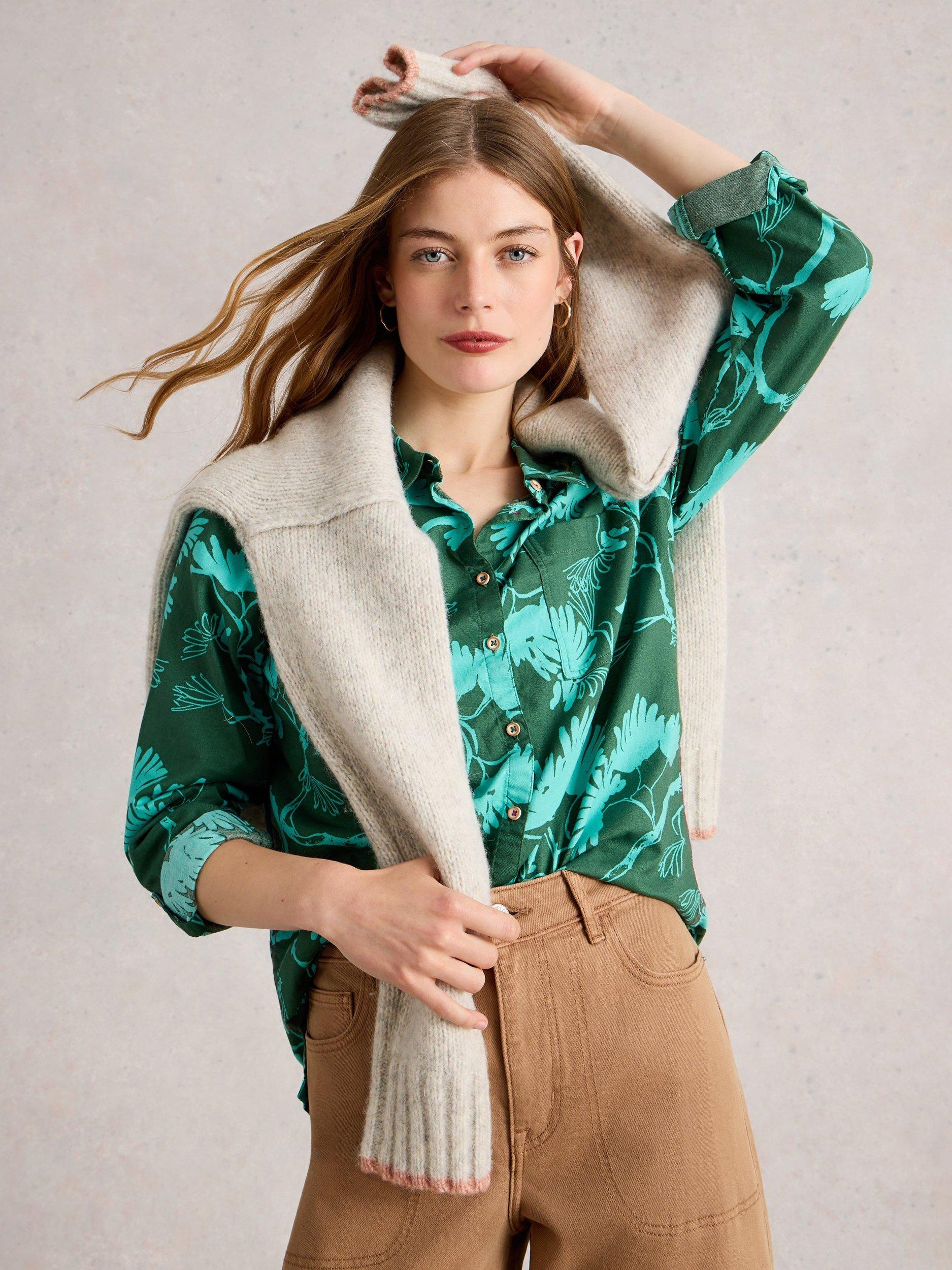 Product image 4 of 6, which shows White Stuff Sophie Leaves Jersey Shirt, Green, 8