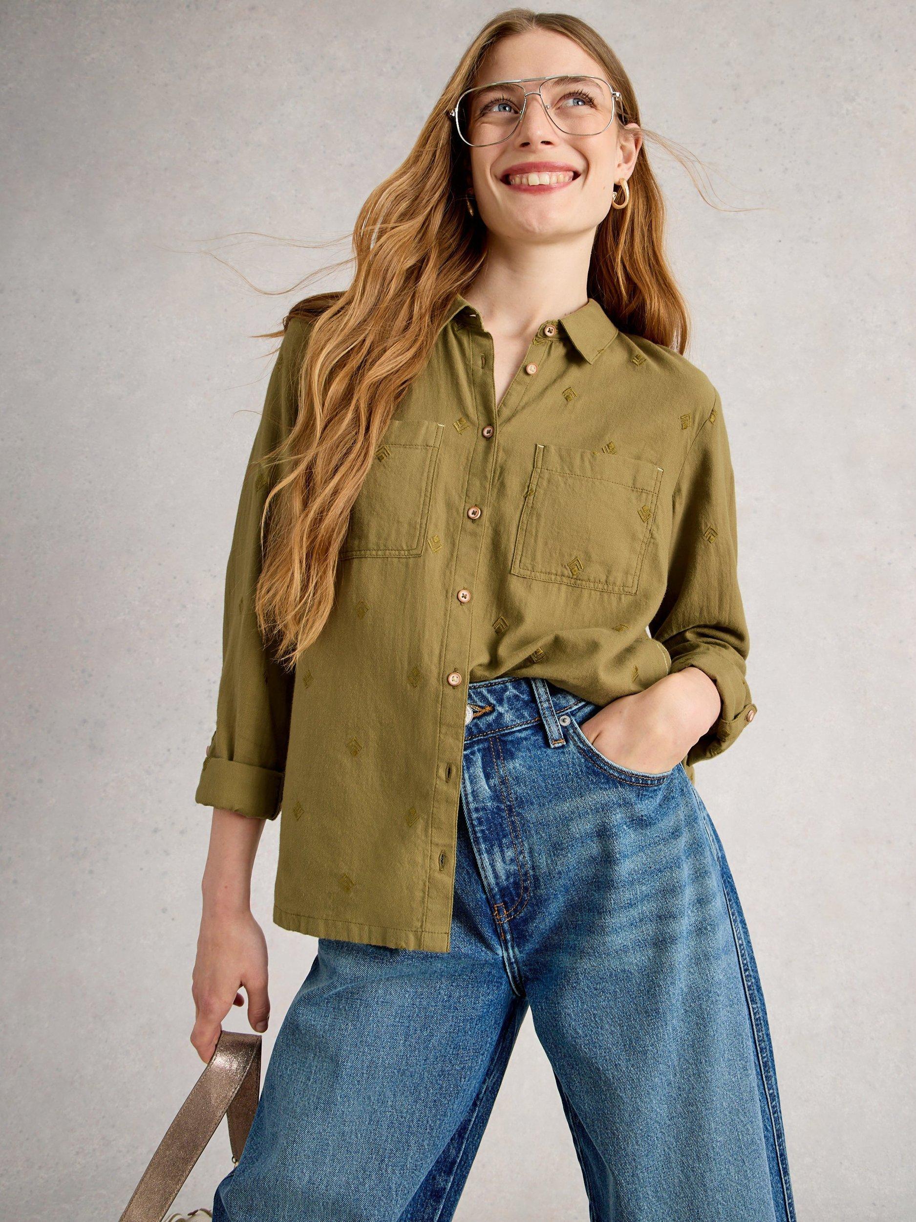 Product image 3 of 6, which shows White Stuff Sophie Organic Cotton Shirt, Khaki Green, 6