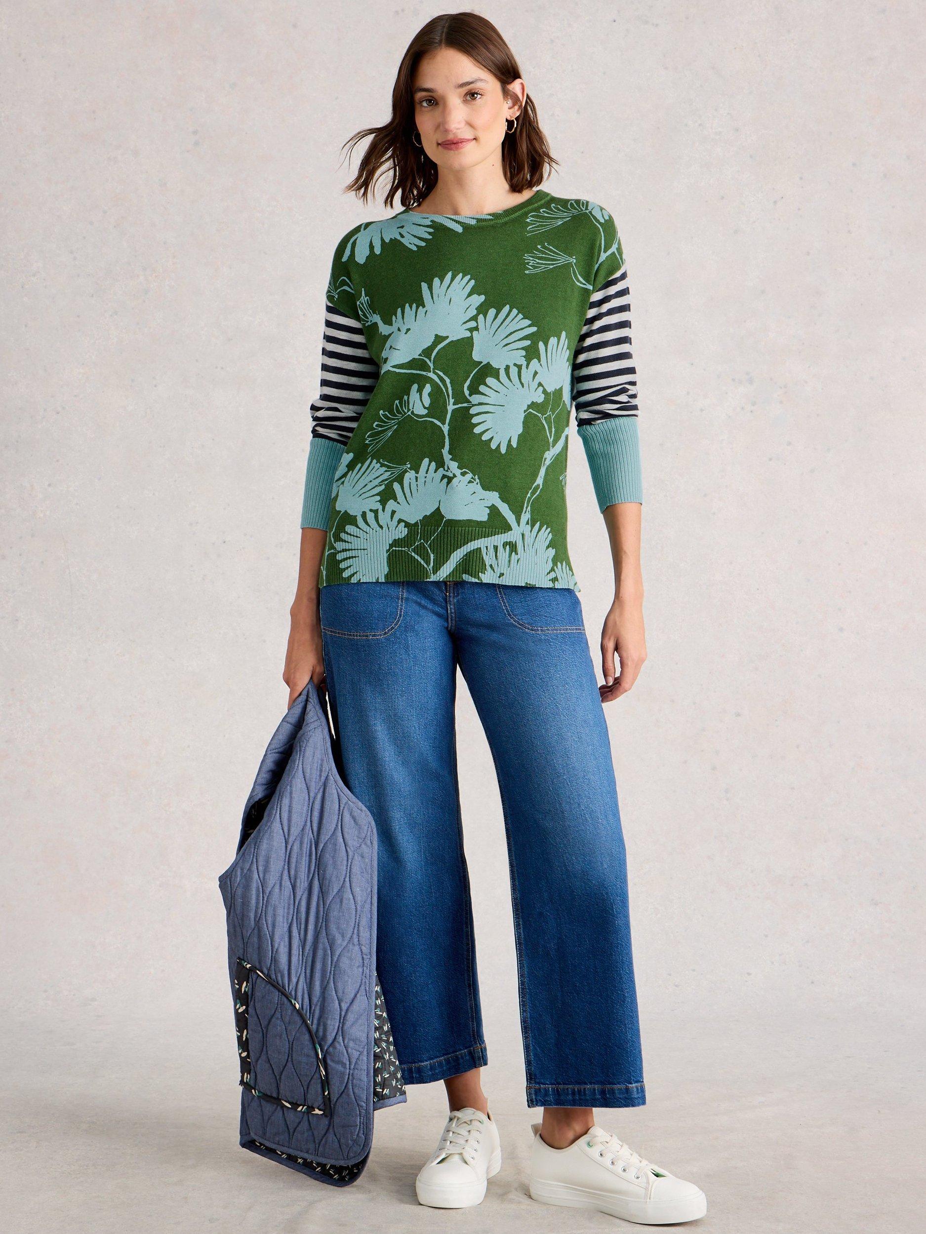 Product image 1 of 6, which shows White Stuff Olive Stripe Floral Jumper, Green/Multi, 6