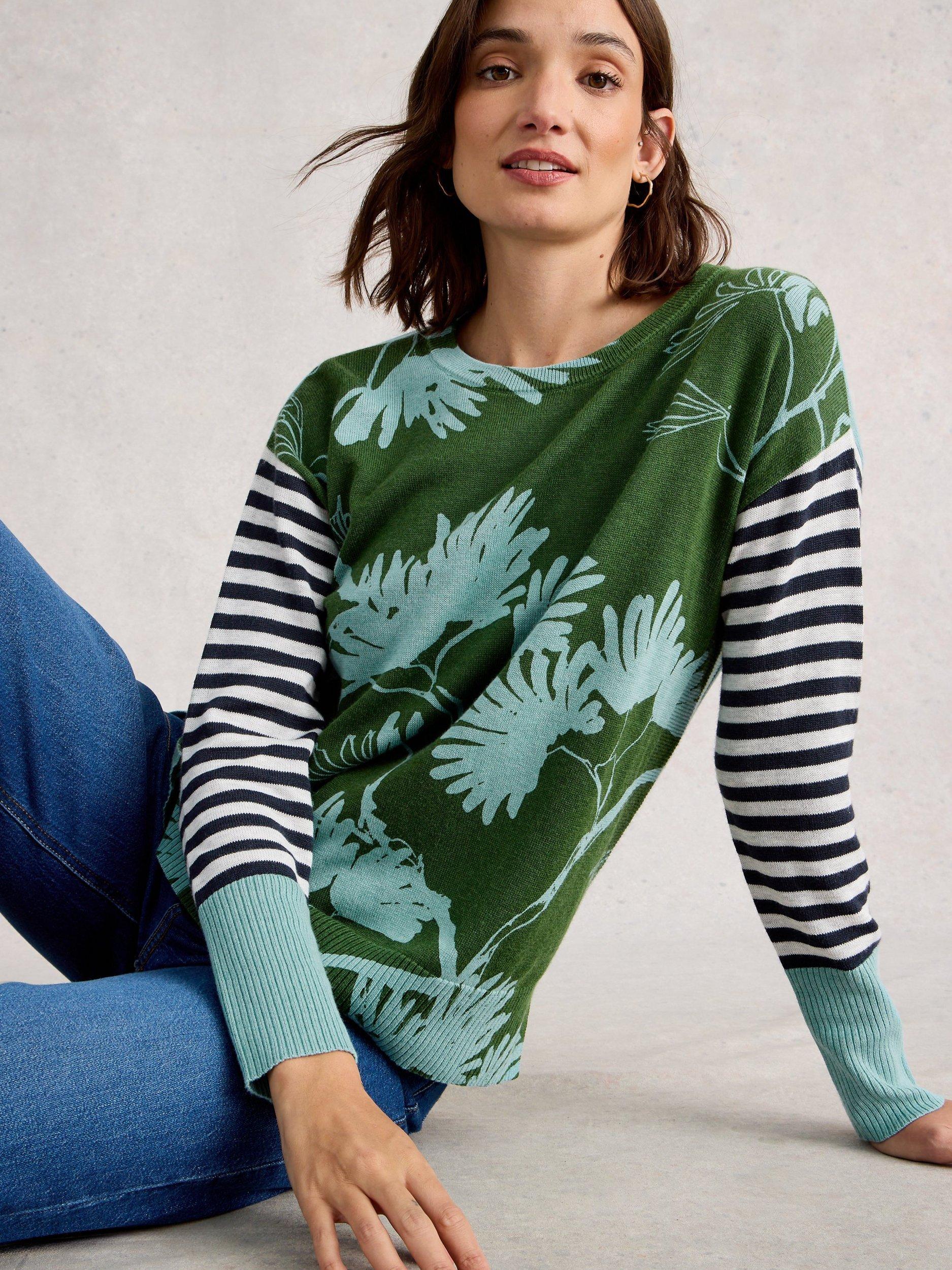 Product image 3 of 6, which shows White Stuff Olive Stripe Floral Jumper, Green/Multi, 6