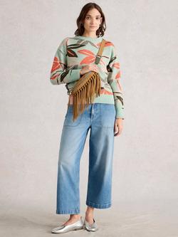 White Stuff Leaves Print Polyester Blend Crew Neck Jumper, Green/Multi