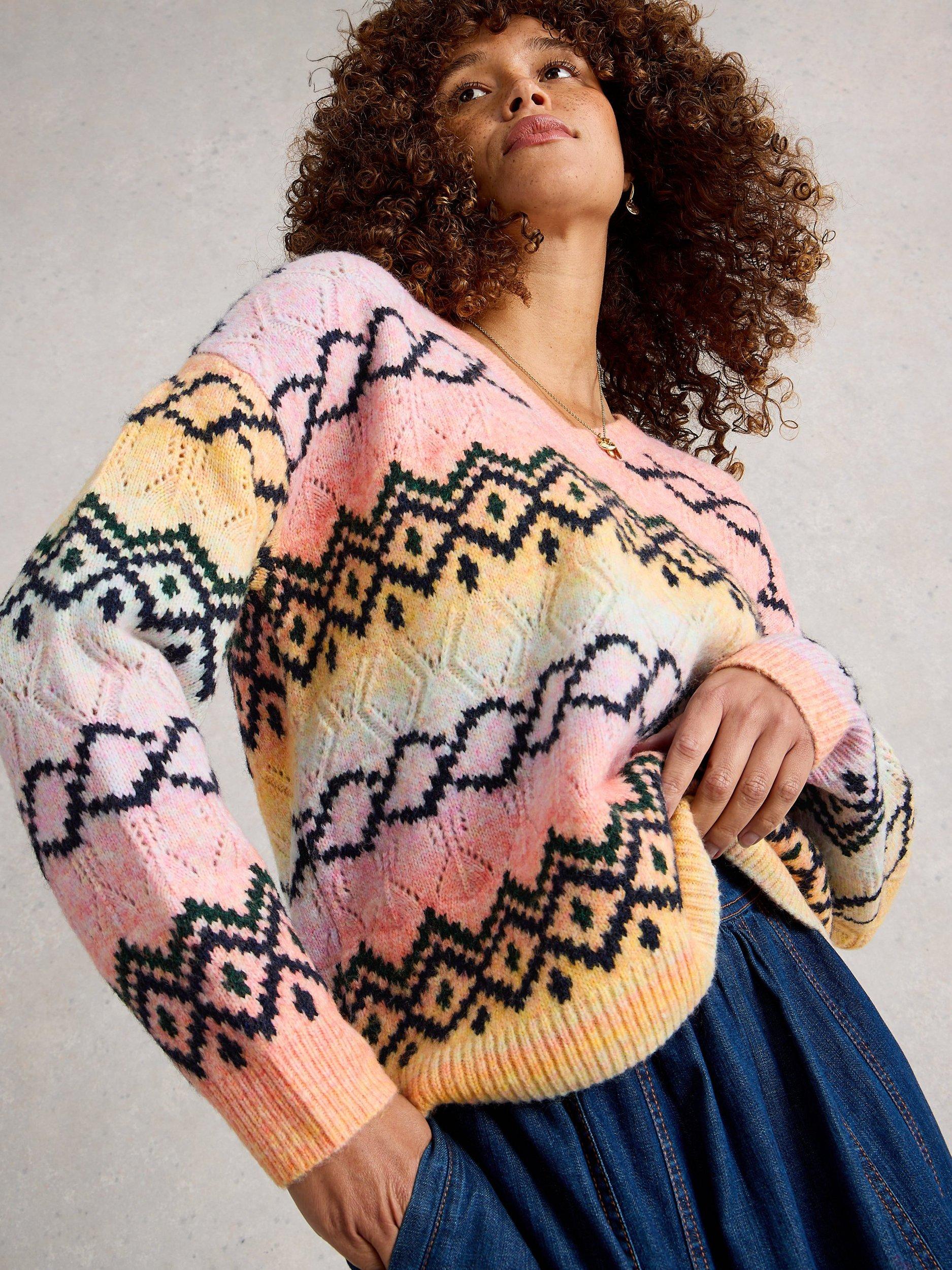 Product image 4 of 6, which shows White Stuff Space Dye Geometric Print Jumper, Pink/Multi, 6