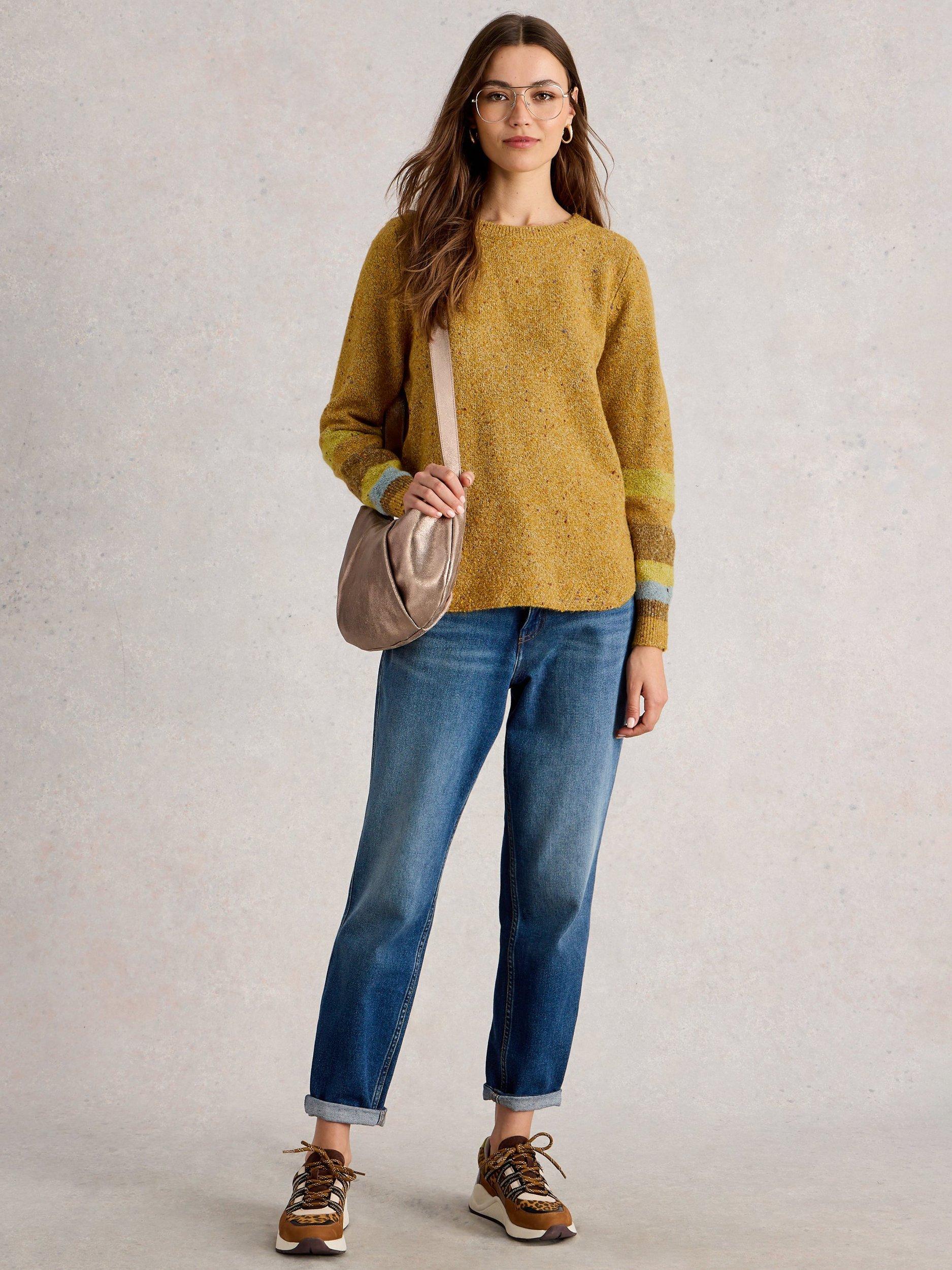 Product image 1 of 6, which shows White Stuff Talia Stripe Cuff Nep Yarn Jumper, Chartreuse/Multi, 6