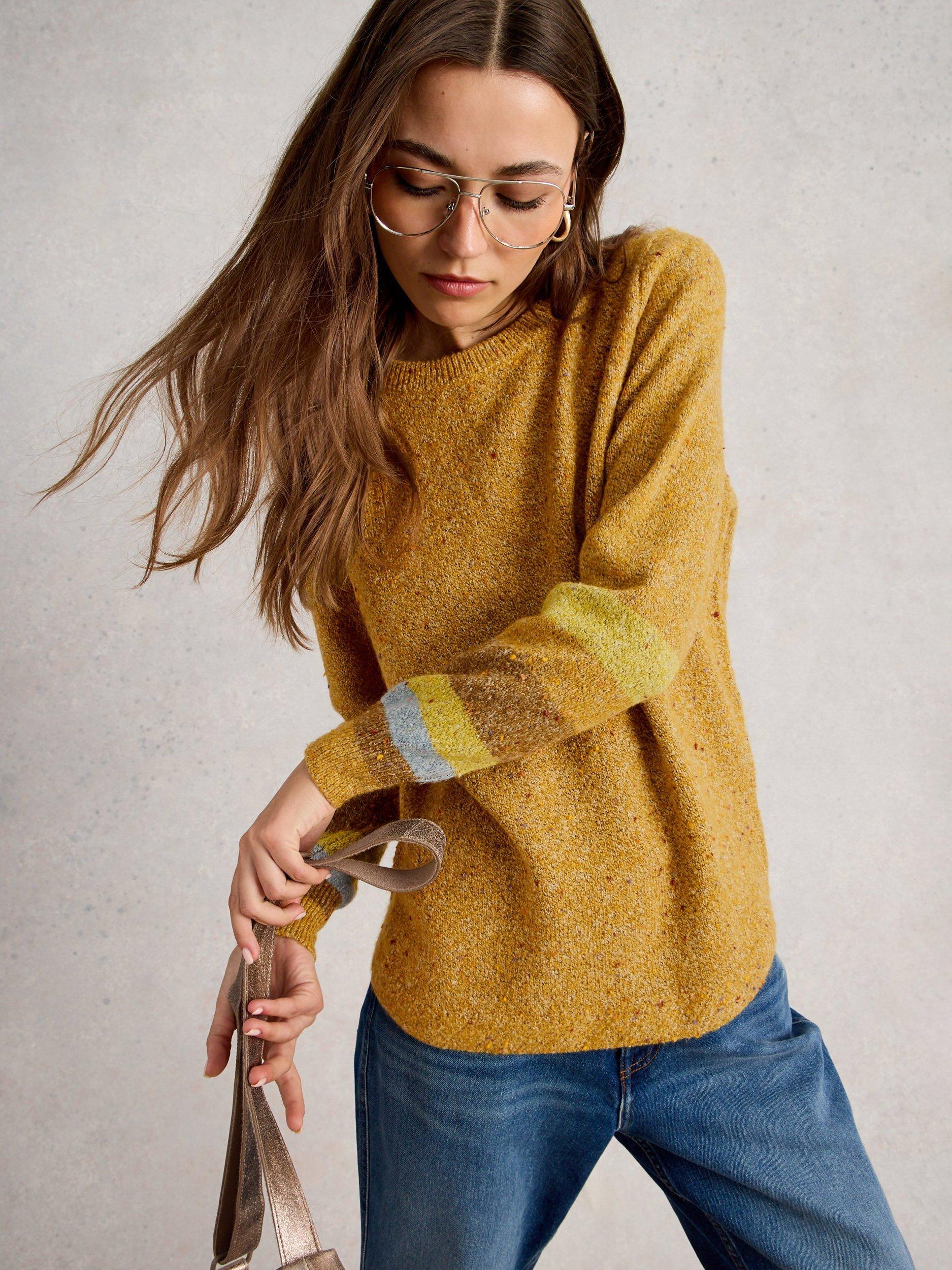 Product image 3 of 6, which shows White Stuff Talia Stripe Cuff Nep Yarn Jumper, Chartreuse/Multi, 6