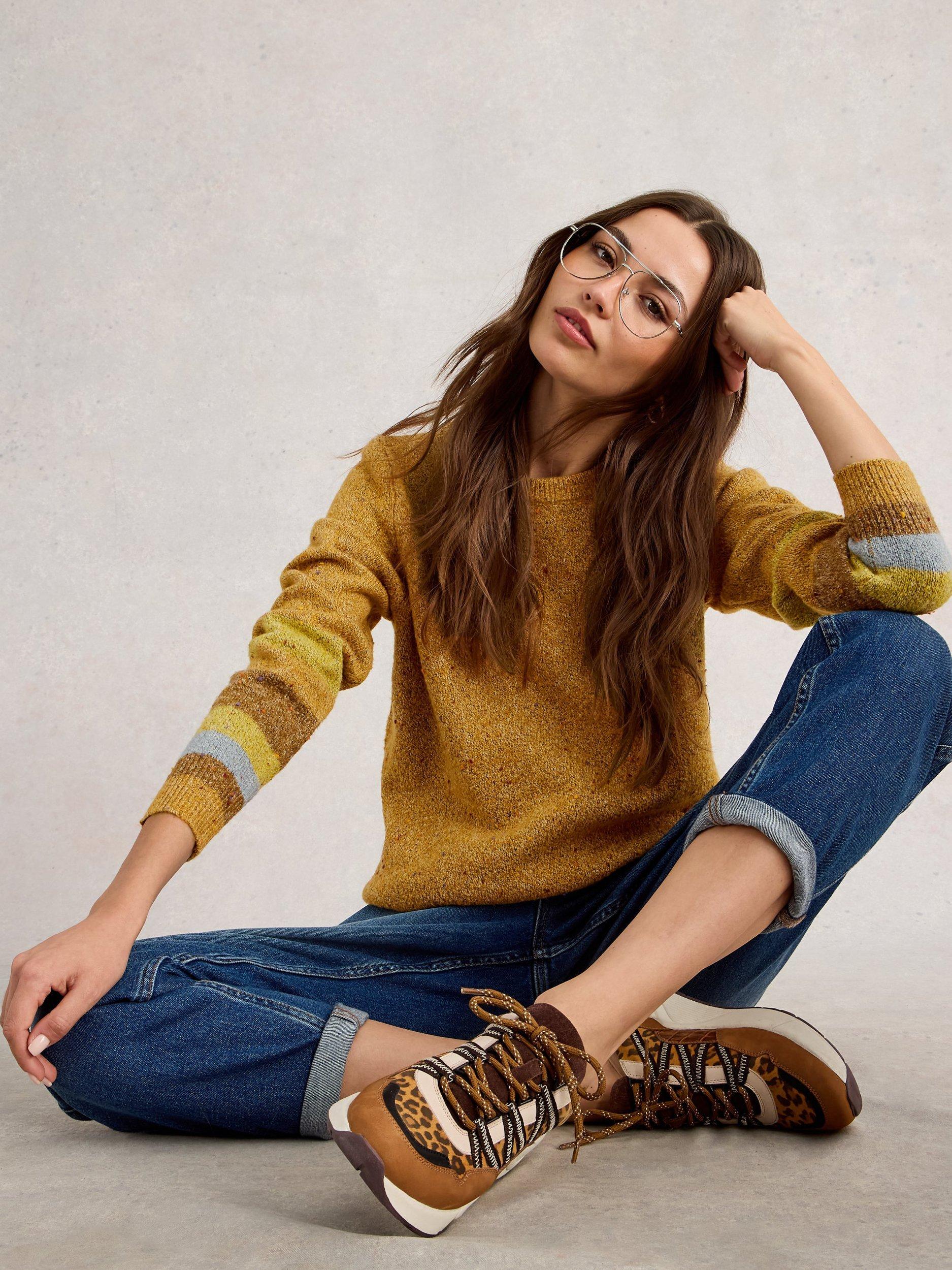 Product image 4 of 6, which shows White Stuff Talia Stripe Cuff Nep Yarn Jumper, Chartreuse/Multi, 6