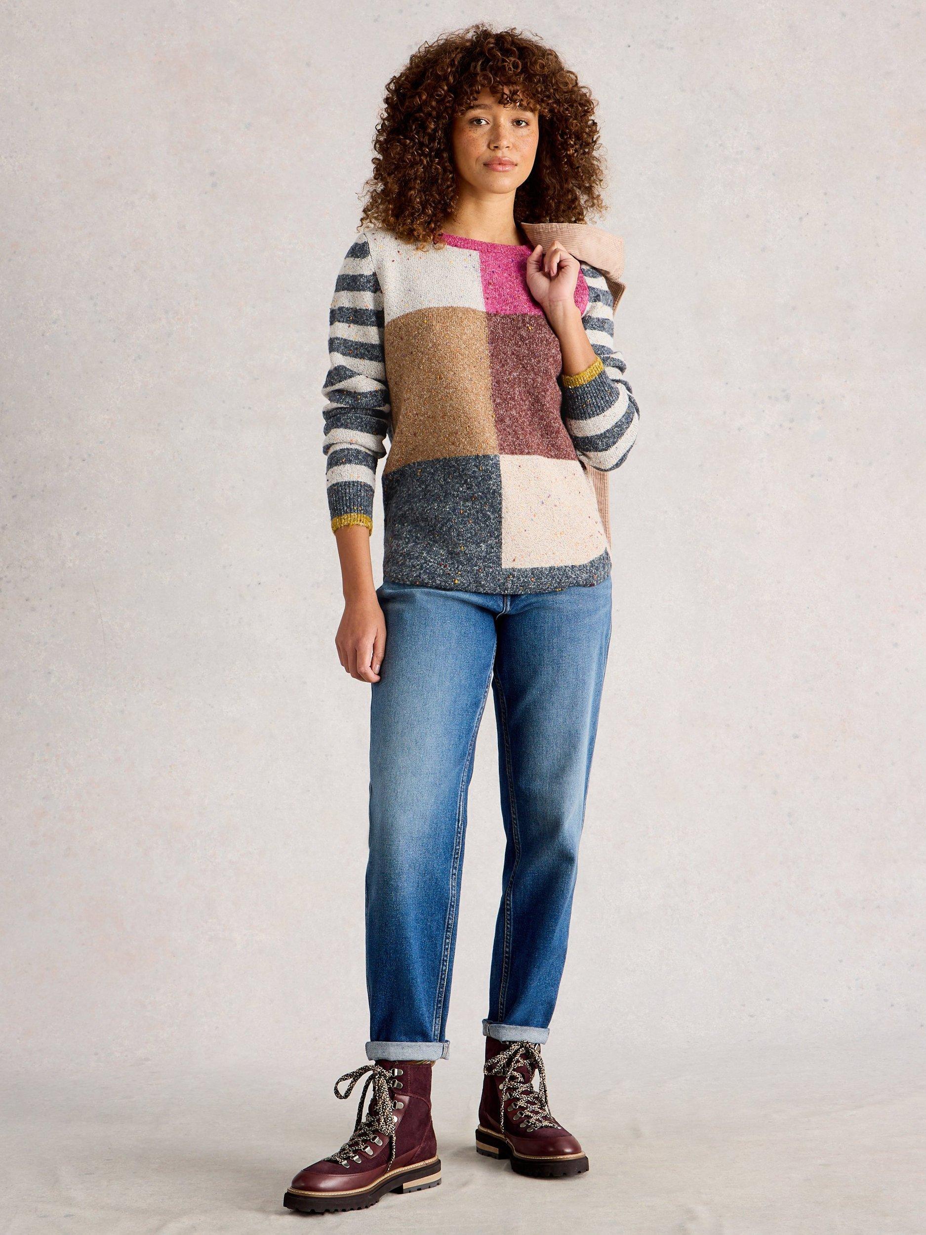 White Stuff Talia Check Stripe Jumper, Pink/Multi