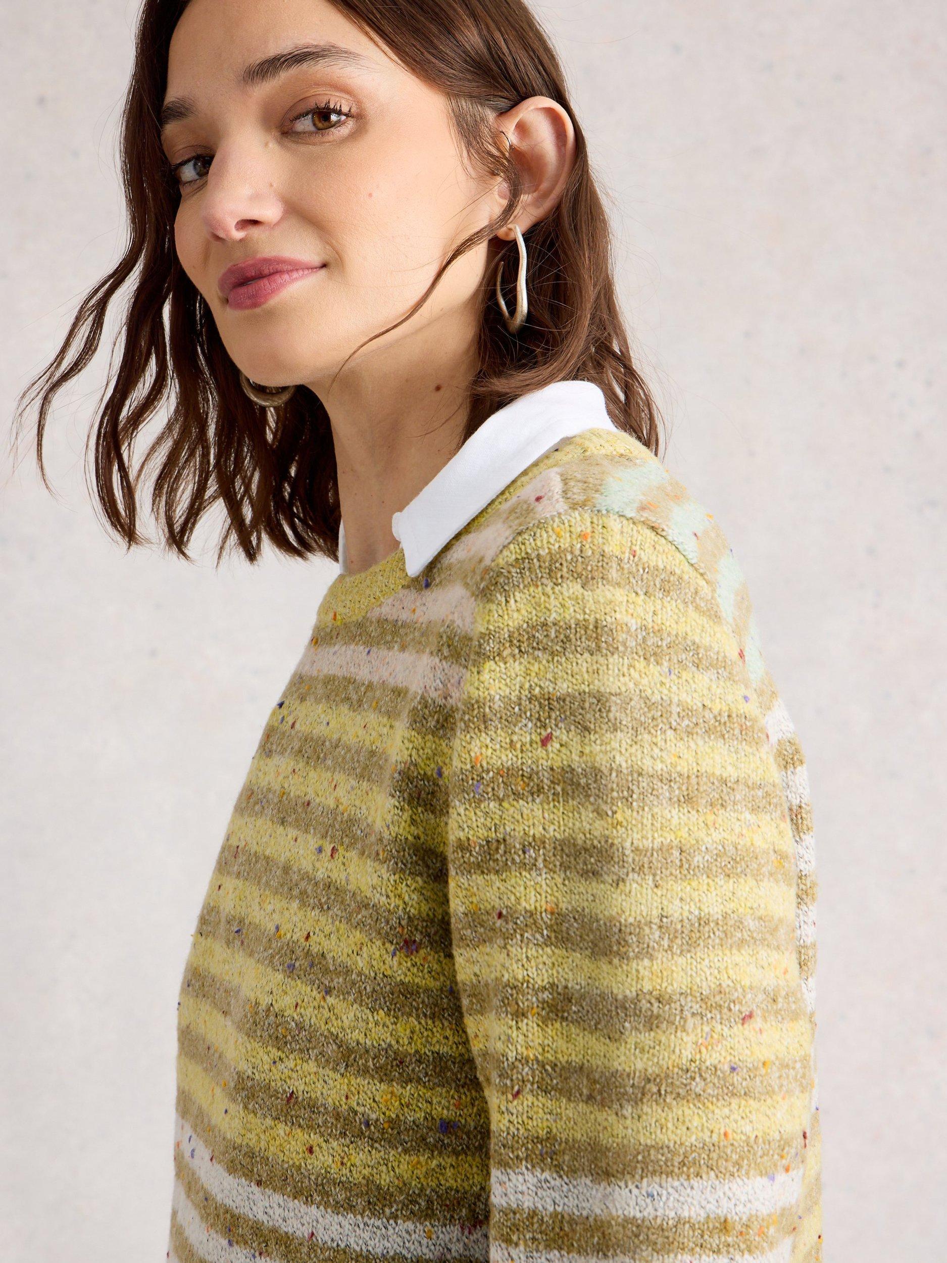 Product image 3 of 6, which shows White Stuff Talia Striped Cotton Blend Crew Neck Jumper, Yellow/Multi, 8
