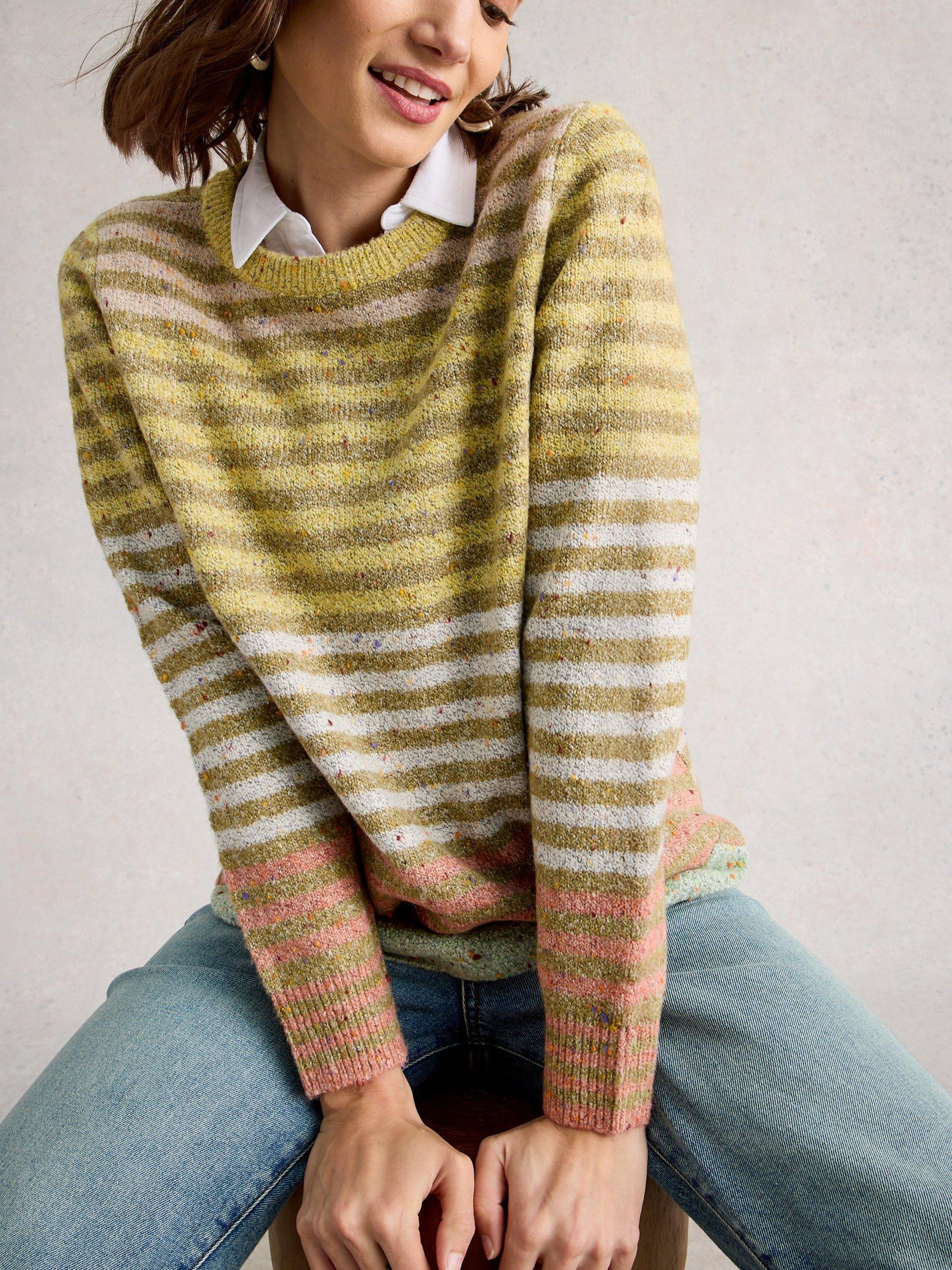 Product image 4 of 6, which shows White Stuff Talia Striped Cotton Blend Crew Neck Jumper, Yellow/Multi, 8
