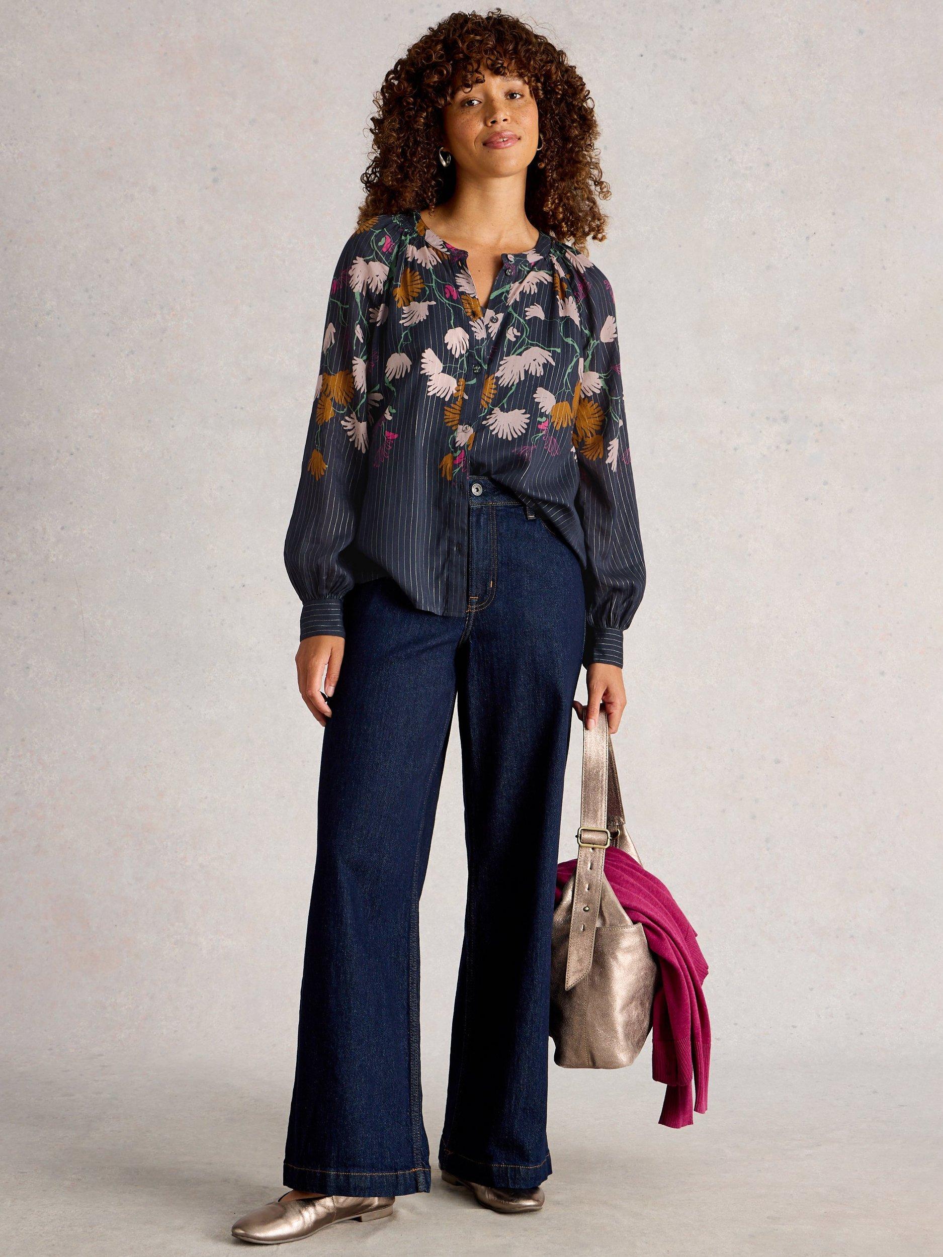 Product image 1 of 6, which shows White Stuff Yuki Floral Stripe Shirt, Navy/Multi, 6