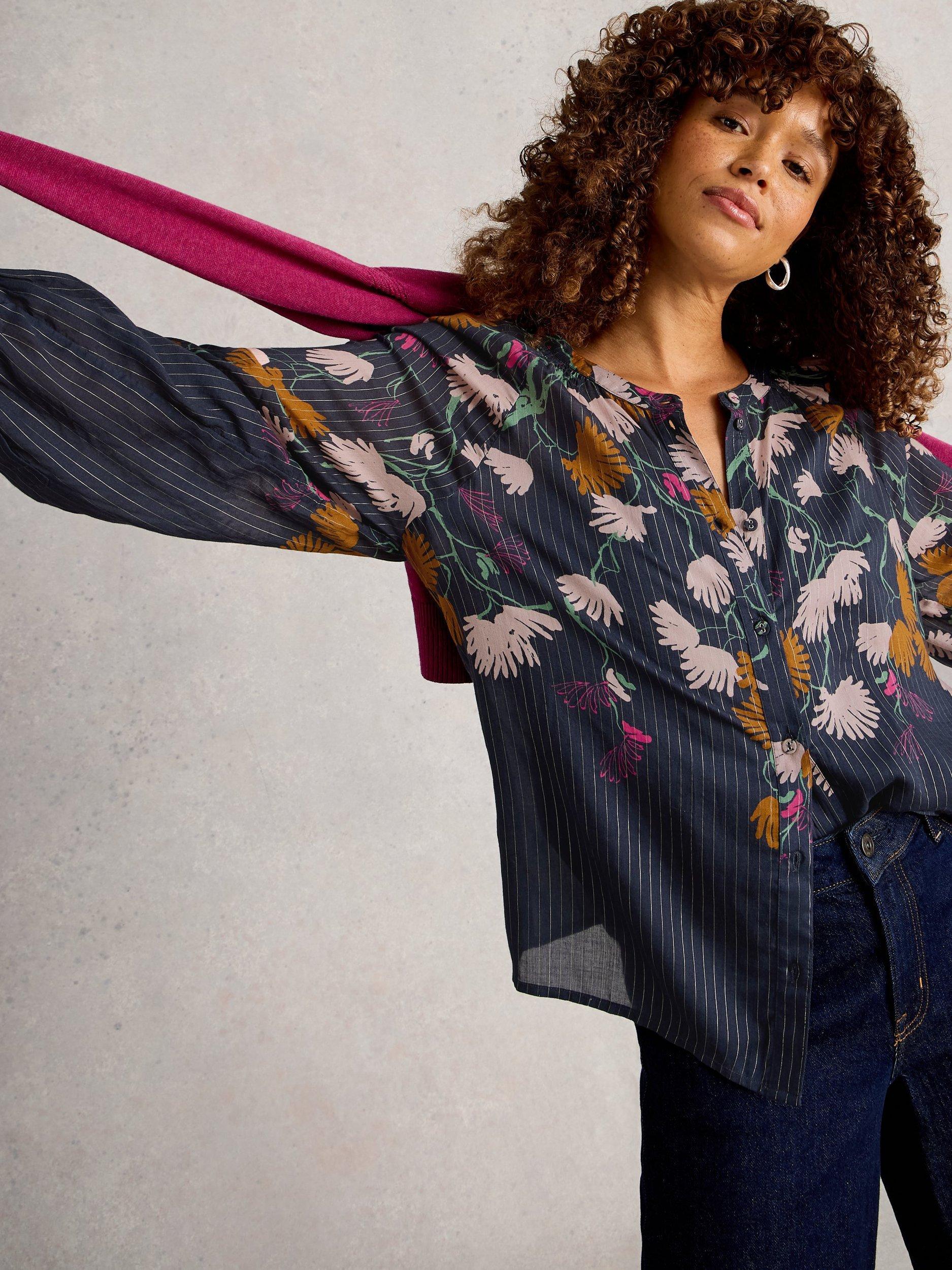 Product image 4 of 6, which shows White Stuff Yuki Floral Stripe Shirt, Navy/Multi, 6