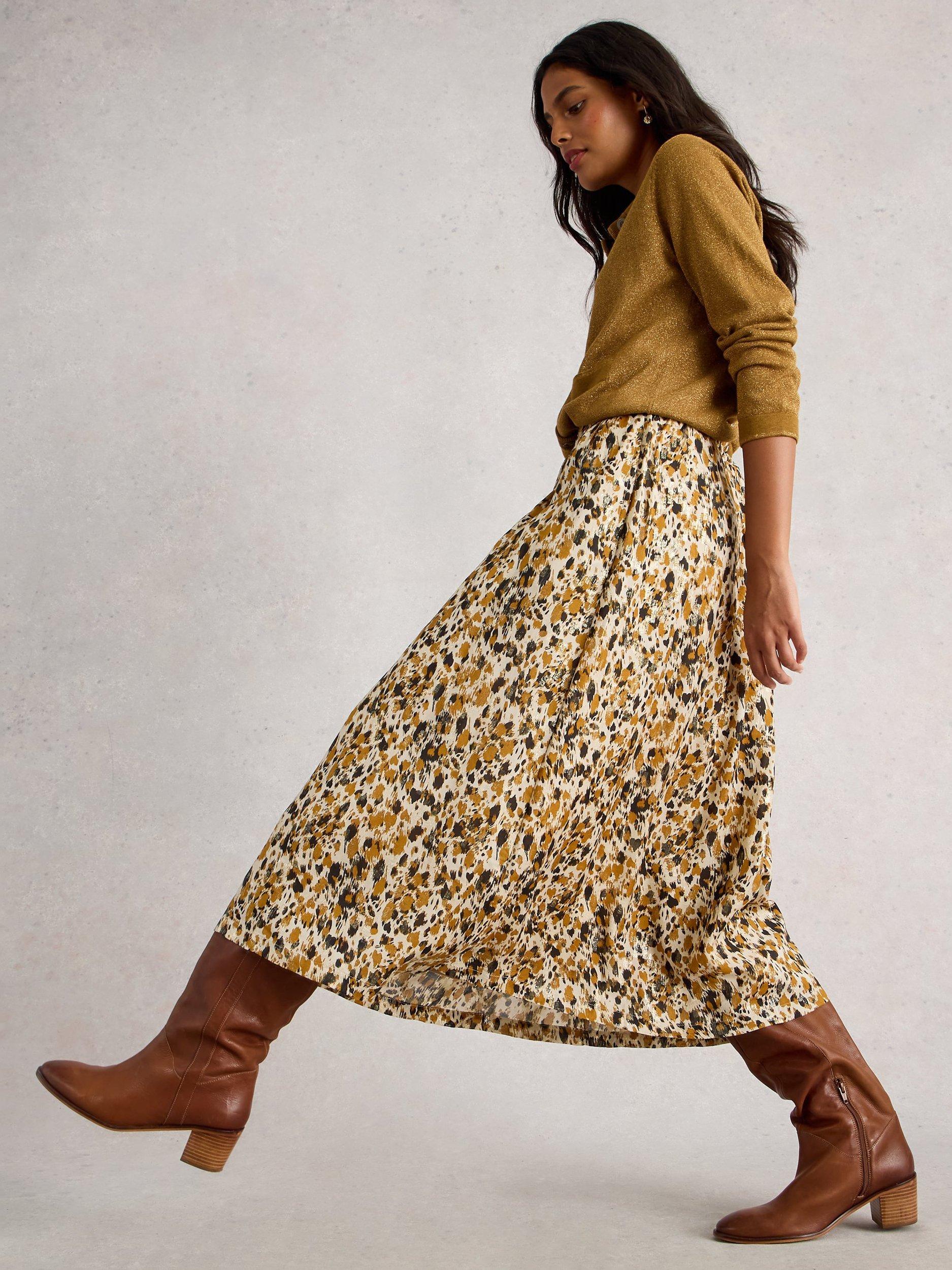 Product image 4 of 6, which shows White Stuff Ari Metallic A-Line Flared Midi Skirt , Chart/Multi, 6