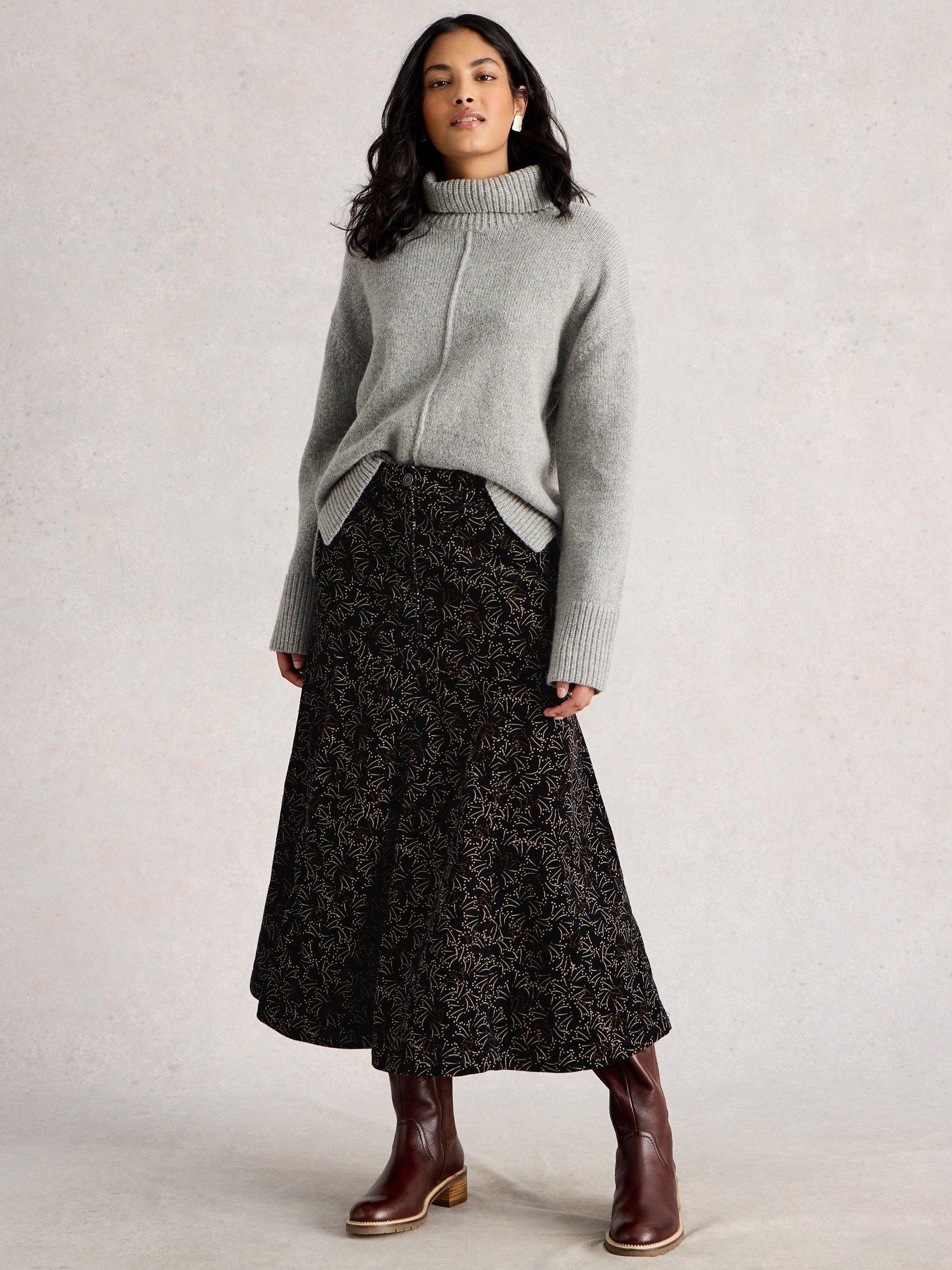 Product image 1 of 6, which shows White Stuff Quinn Corduroy Midi Skirt, Black/Multi, 6