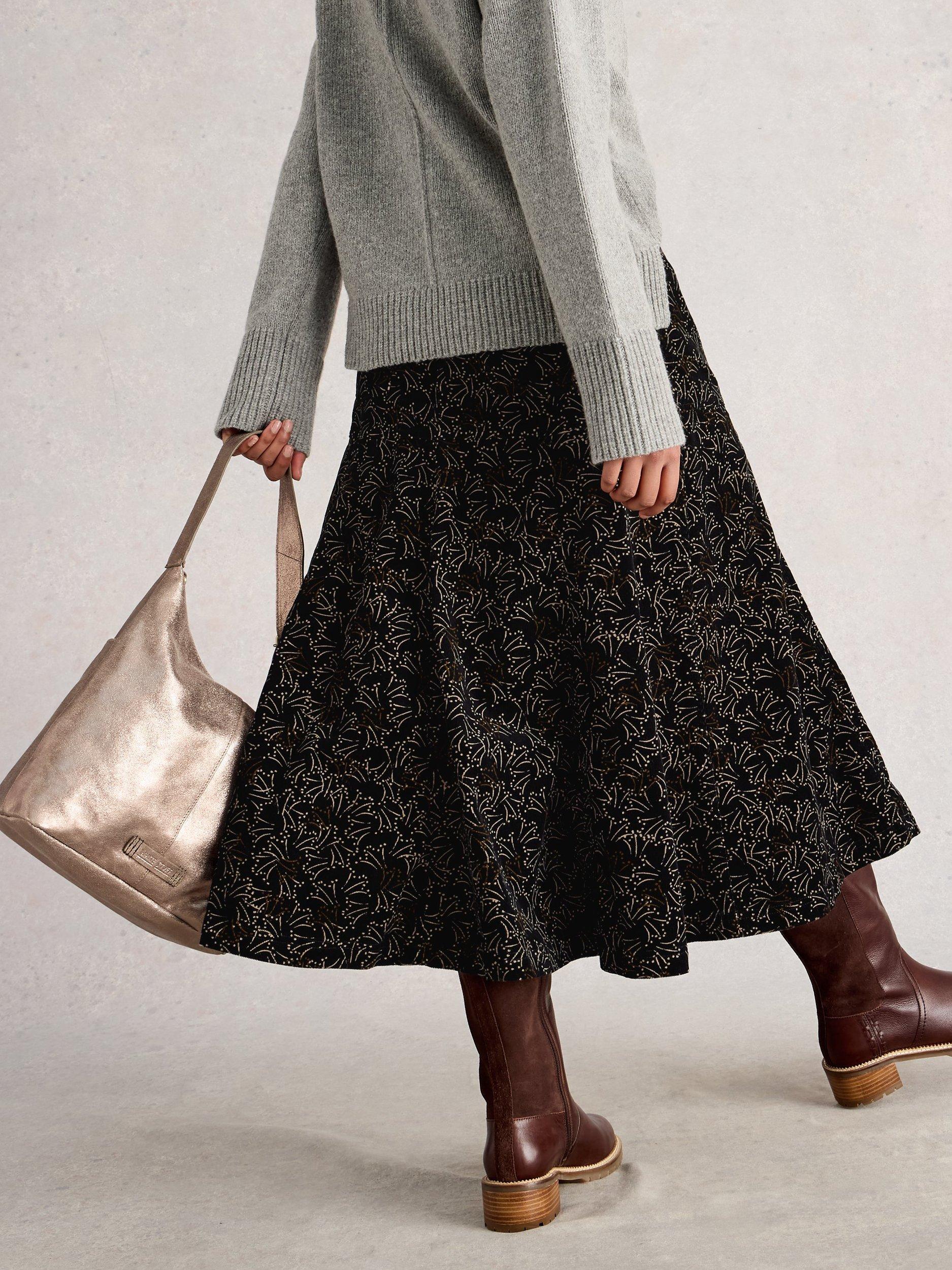 Product image 2 of 6, which shows White Stuff Quinn Corduroy Midi Skirt, Black/Multi, 6