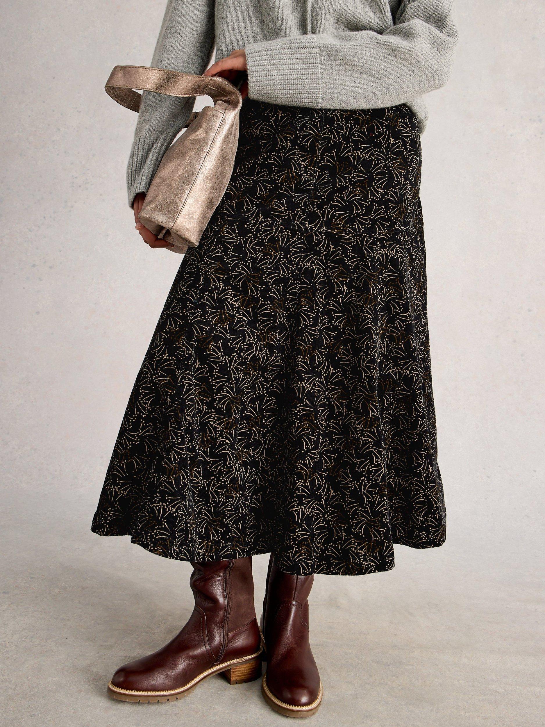 Product image 3 of 6, which shows White Stuff Quinn Corduroy Midi Skirt, Black/Multi, 6